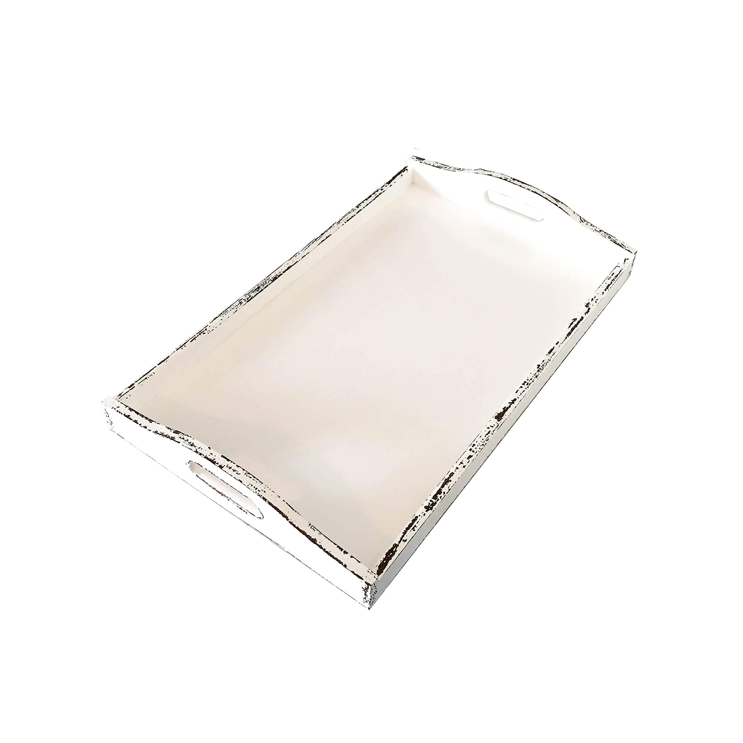 Wooden Tea Breakfast Serving Tray with Handles - White Shabby Chic (Large)