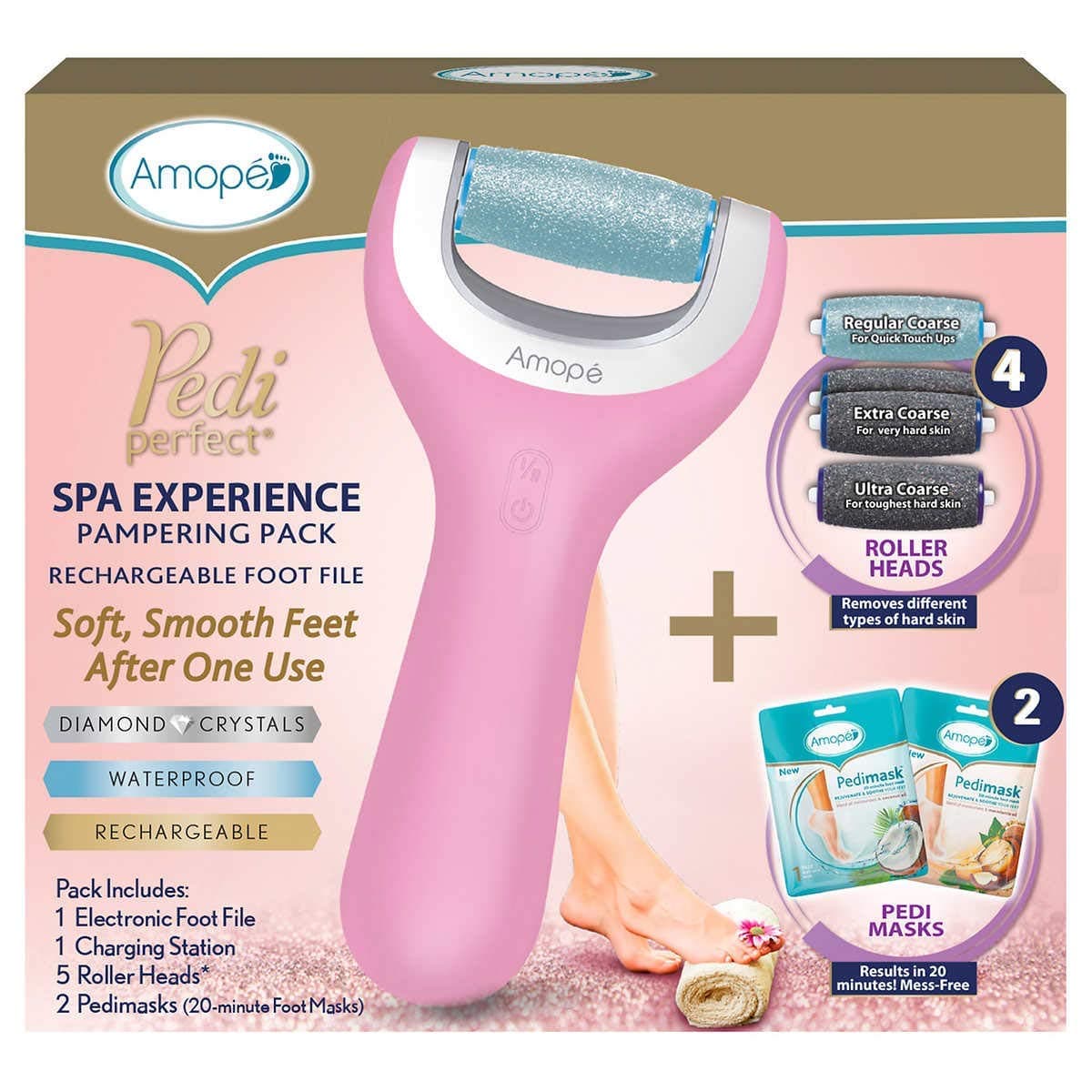 Amopรฉ Pedi Perfect Spa Experience Pampering Pack, Wet & Dry Electronic Foot File, Waterproof, Rechargeable, Cordless, Dual Speed Includes 5 Rollers & 2 Pedimask