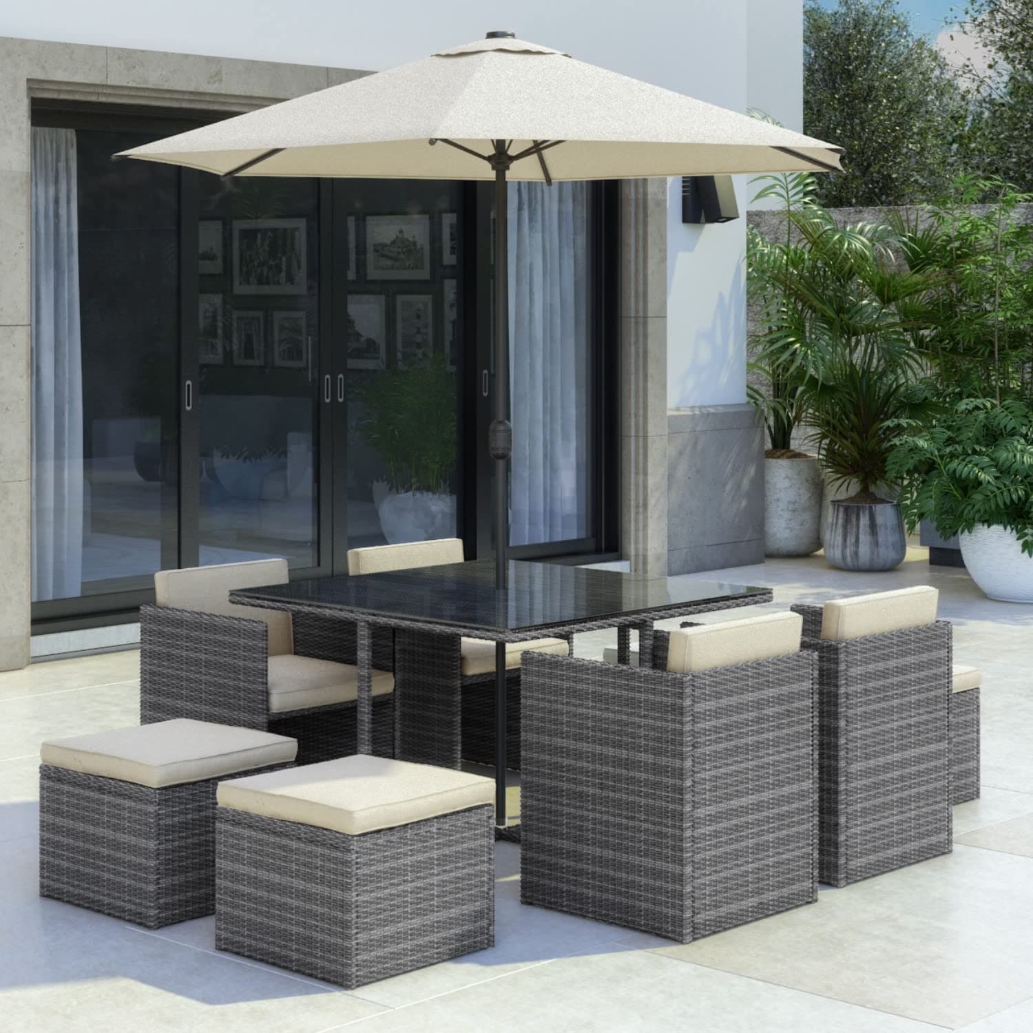 Fortrose 8 Seater Grey Rattan Cube Garden Dining Set - Parasol Included