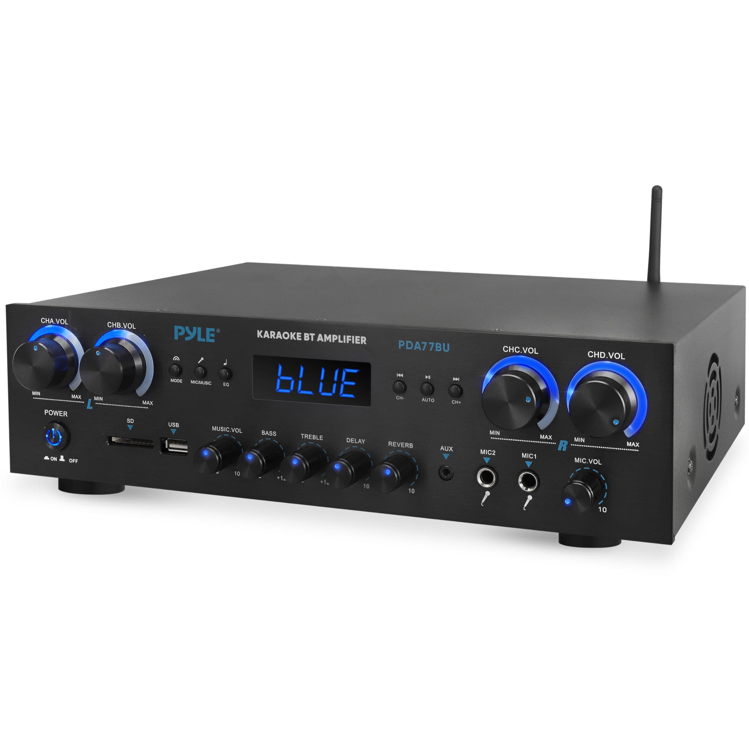 Bluetooth Stereo Amplifier ā Wireless 800W 4-Channel Audio Receiver with Mic Inputs for Home, Studio, Karaoke or Theatre, USB, SD, AUX, RCA, FM, LED Display, Reverb & Delay Effects
