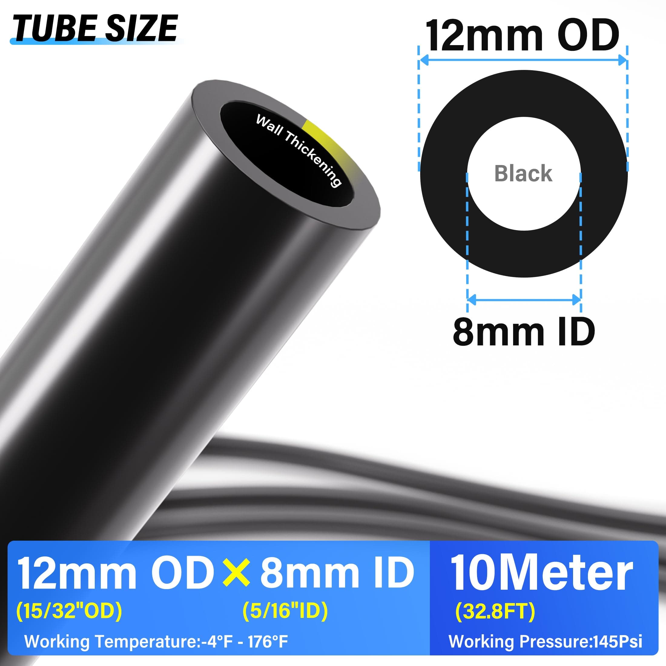 TAILONZ PNEUMATIC Black 12mm OD 8mm ID Polyurethane PU Air Hose Pipe Tube Kit 10 Meter 32.8ft