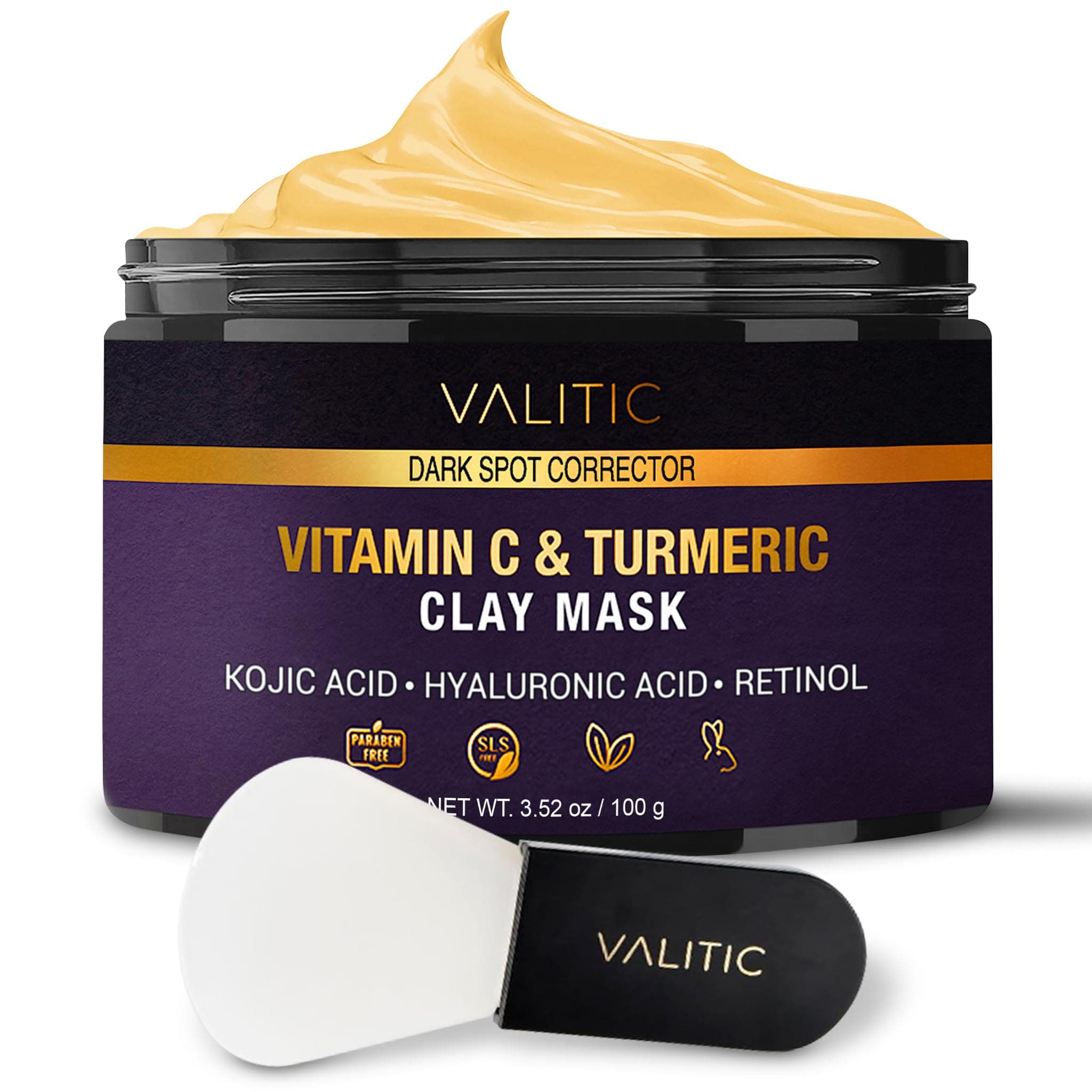 Vitamin C & Turmeric Clay Mask - Dark Spot Corrector with Kojic Acid, Hyaluronic Acid & Retinol - Skin Care Routine for Minimizing Pores & Blackheads - with Applicator Brush - 100g