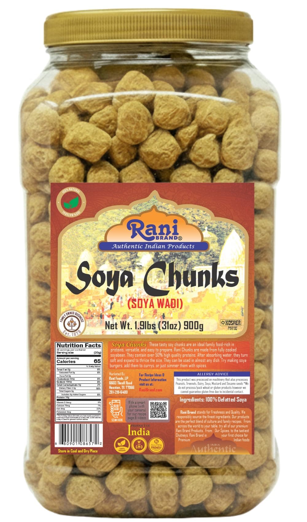 Rani Soya Chunks Nuggets (High Protien) Vadi, 31oz (1.9lbs) 900g ~ All Natural, Salt-Free | Vegan | No Colors | Gluten Friendly | NON-GMO | Kosher | Indian Origin | Meat Alternate Substitute