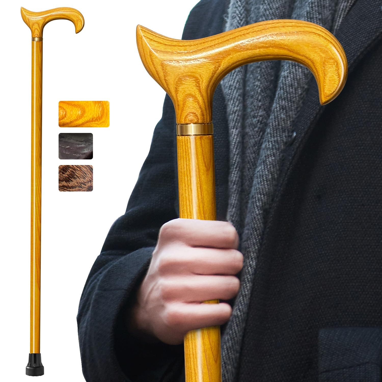 Wooden Walking Cane for Men and Women, Handmade, Support up to 500 lbs Canes for Seniors,Ergonomic, Natural Solid Wood High-end Derby Cane Suitable for Personal Use and Daily Support