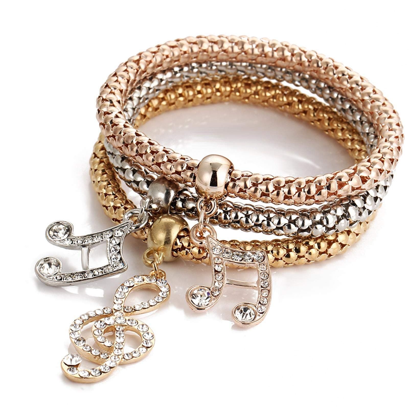 3Pcs/Set Multilayer Stretch Bracelet Butterfly Heart Key Lock Crown Charms Bangles Bracelet Crystal Charms Bracelet Gold/Silver/Rose Gold Corn Chain Multilayer Bracelets for Women Girls Jewelry