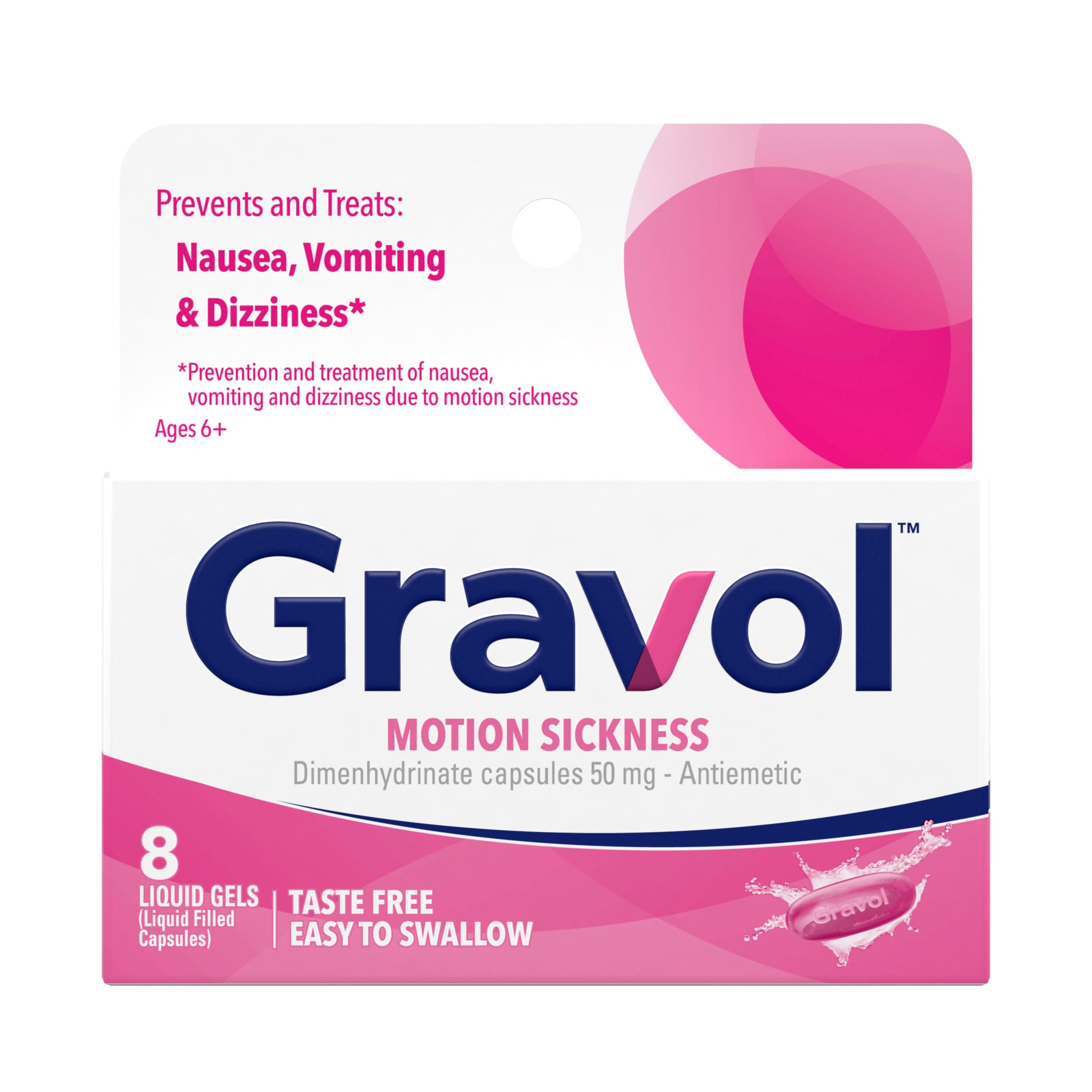 Gravol Liquid Gels 50mg for Motion Sickness Prevention and Relief, 8ct