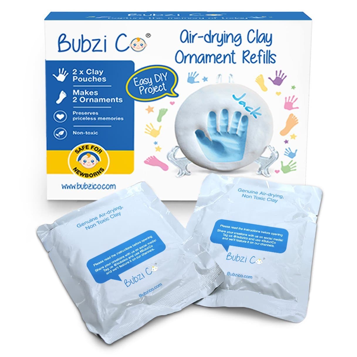 Bubzi Co Baby Handprint & Footprint 2X Air-Drying Clay Ornament Refills for Newborns & Infants to Make More Ornaments, Personalized Keepsake for Baby Nursery Decor - Baby Gift for Baby Registry