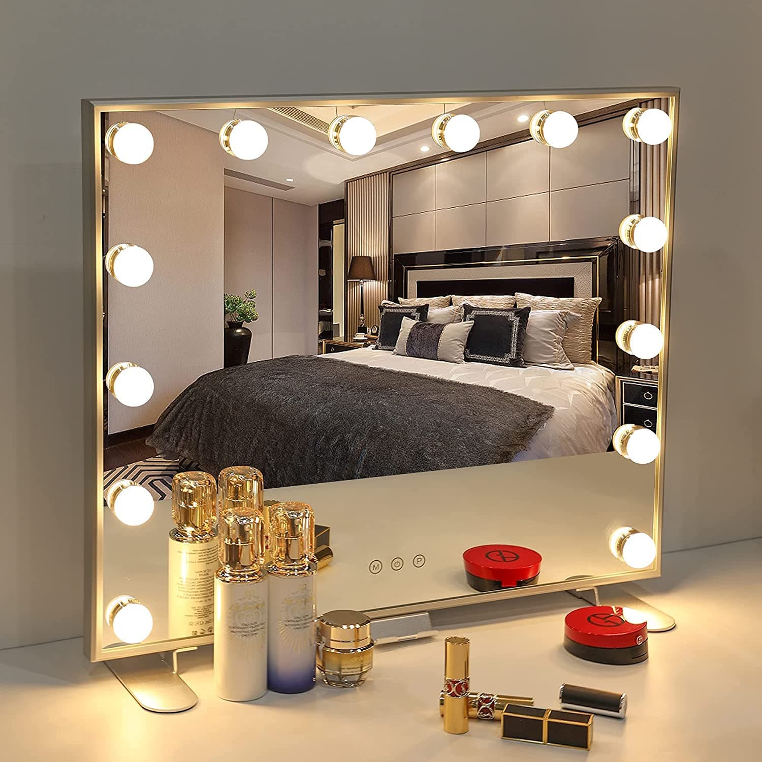 Jorunb Vanity Mirror with Lights, 24"×20" Vanity Lighted Mirror with Smart Touch Control Dimmer Bulbs, Hollywood Lighted Makeup Mirror Two USB Outputs with Phone Holder, Tabletop or Wall Mounted