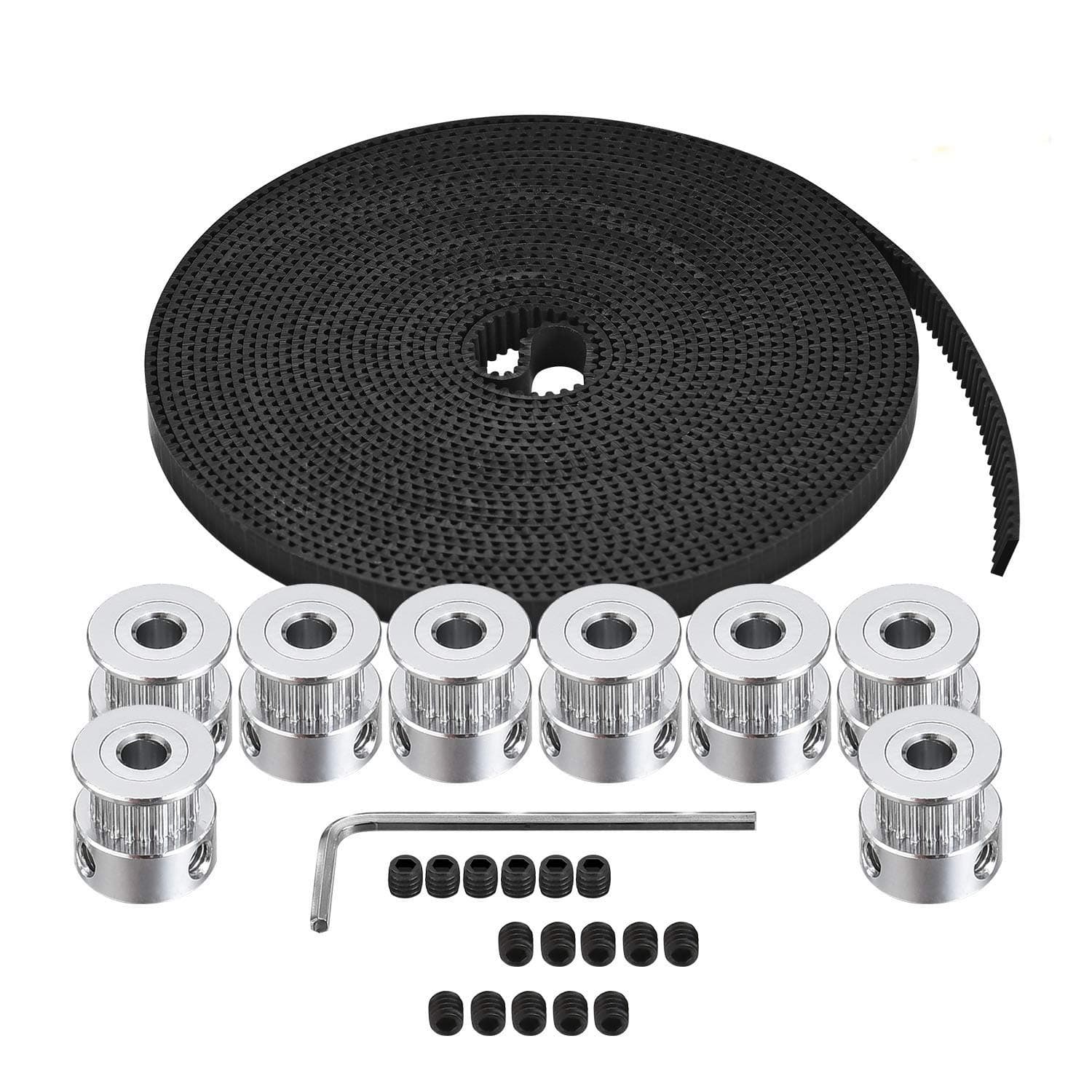 GT2 Timing Belt Pulley, 8pcs 5mm 20 Teeth Timing Pulley Wheel and GT2 5 Meters Rubber 2mm Pitch 6mm Wide Timing Belt with Allen Wrench for 3D Printer CNC