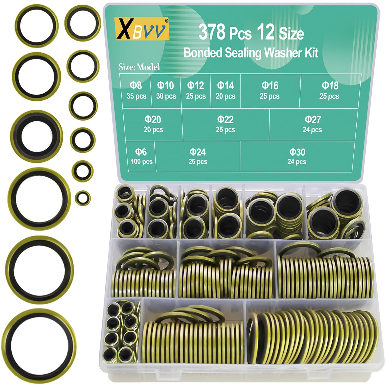 378 Pcs NBR Metal Bonded Sealing Washer Assortment Kit M6 M8 M10 M12 M14 M16 M18 M20 M22 M24 M27 M30 Automotive Self-Centred Seal Gasket Repair Set