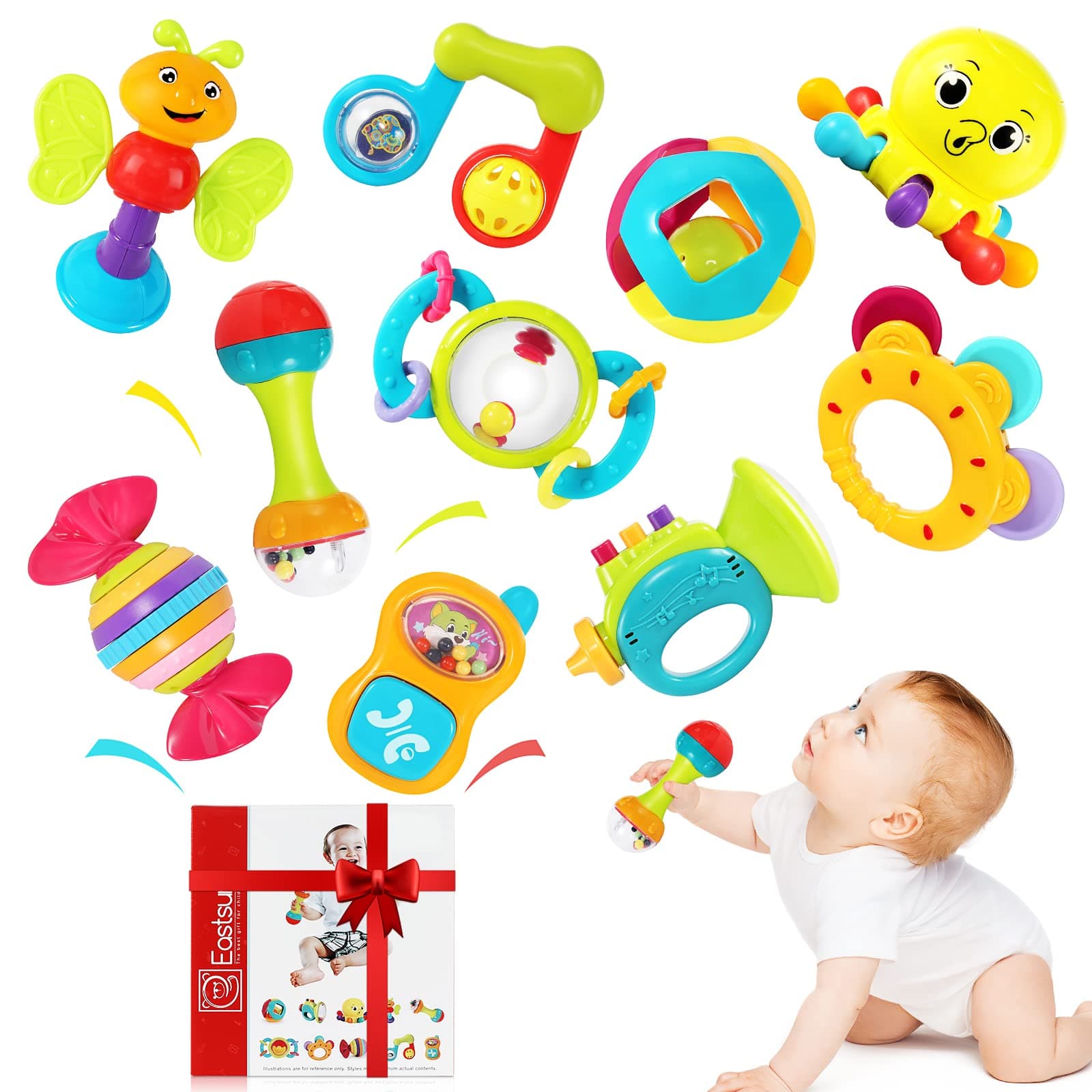 EastSun Baby Sensory Toys 0-6 Months, Baby Rattle Toys Set 6 9 12 Months, Newborn Sensory Toys 0-3 Months Girls Boys Infants, Baby Maracas Shaker Grab Rattles Early Educational Toys