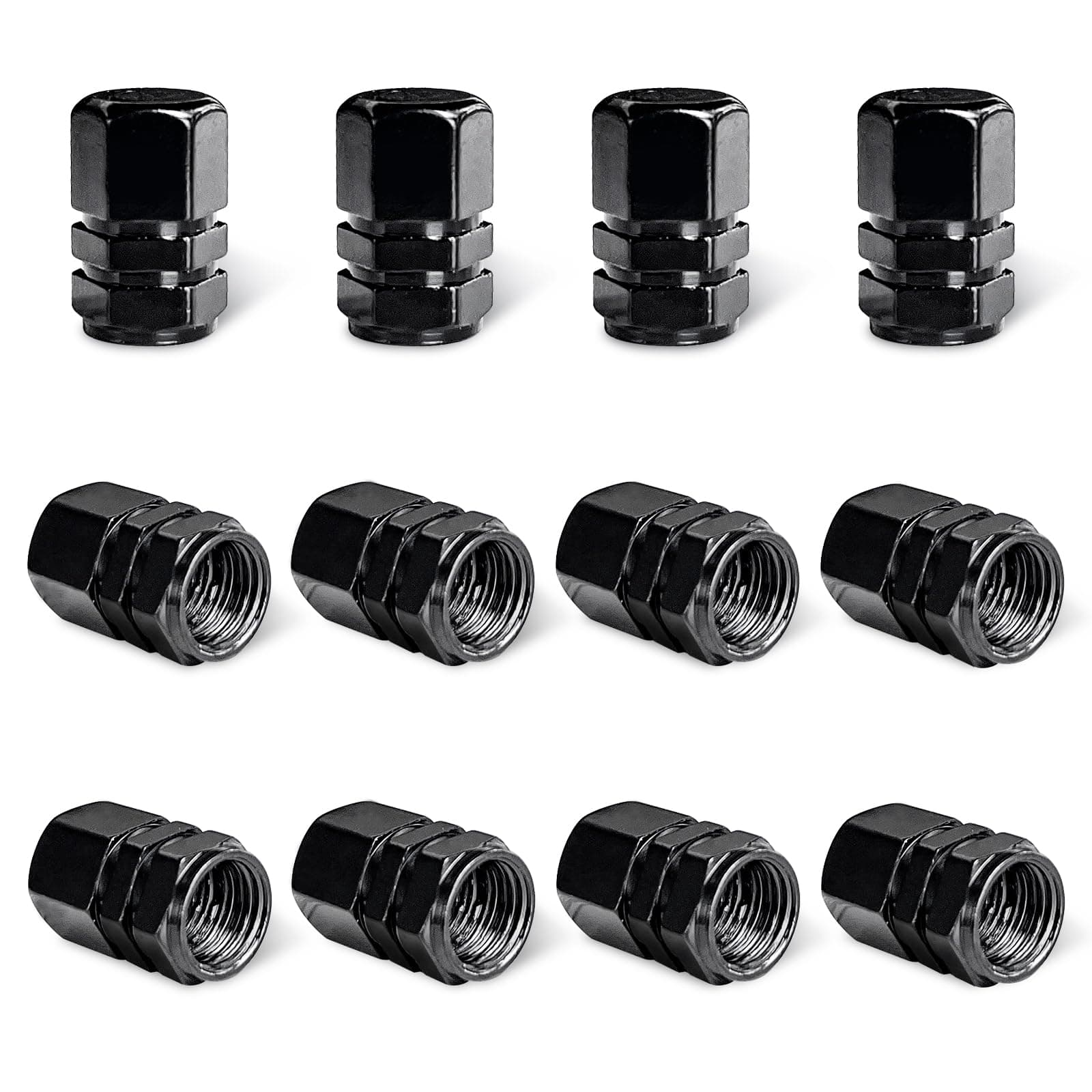 Ziciner 12 PCS Car Tire Valve Stem Caps, Aluminum Alloy Wheel Valve Covers with Rubber O-Ring, Corrosion Resistant Leak-Proof Tire Air Cap Set, Universal for SUV, Truck, Motorcycle, Bike (Black)