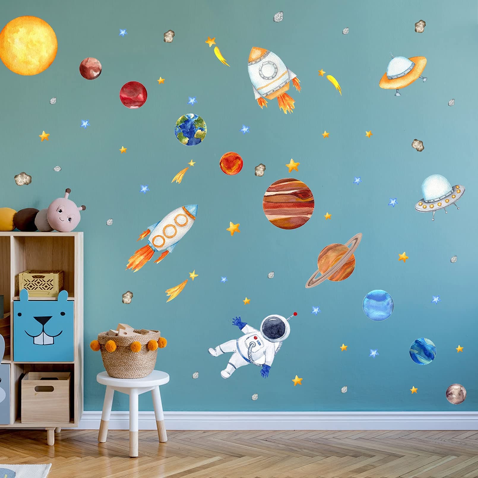 Yovkky Boys Outer Space Planet Astronaut Wall Decals Stickers, Watercolor Galaxy Solar System Spacecraft Rocket Cosmonaut Spaceship Nursery Decor, Home Classroom Decorations Kids Bedroom Playroom Art