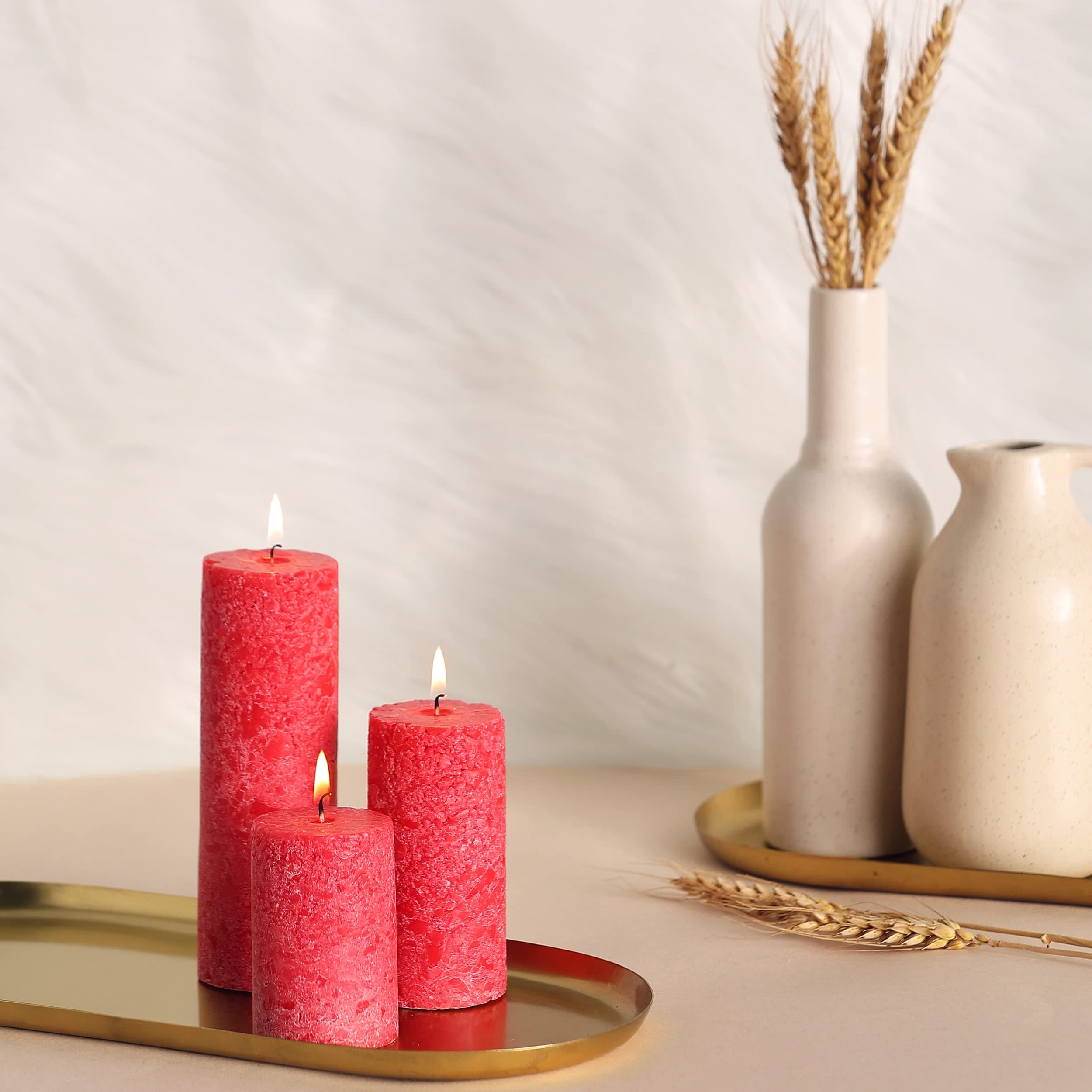 by Parkash Candle Set of 3 Fragrace Pillar Candles | Red Pillar Candles | Marble Finish (Red - Rose Fragrance)