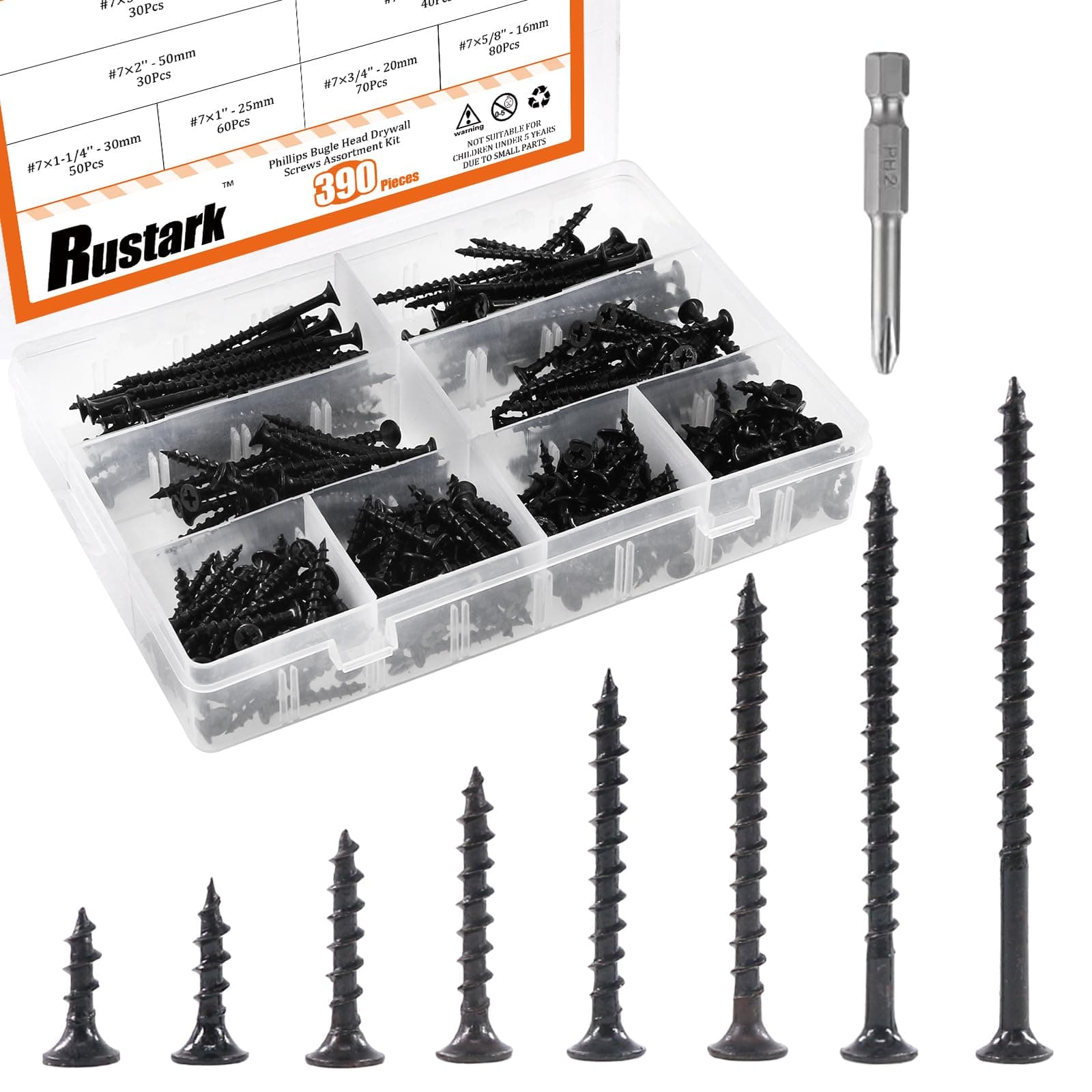 390-Pcs #7 Coarse Thread Drywall Screw with Phillips Drive Black Oxide Finsh Bugle Head Wood Screws Assortment Kit Ideal for Drywall Sheetrock