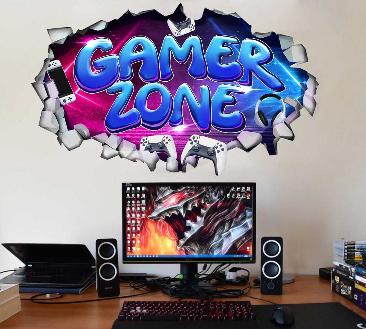 Large 3D Gamer Zone Wall Decals (20.7”x34.6”), Video Gaming Vinyl Wall Stickers for Game Lover, Removable Video Game Artwork for Boys Playroom Bedroom Decor