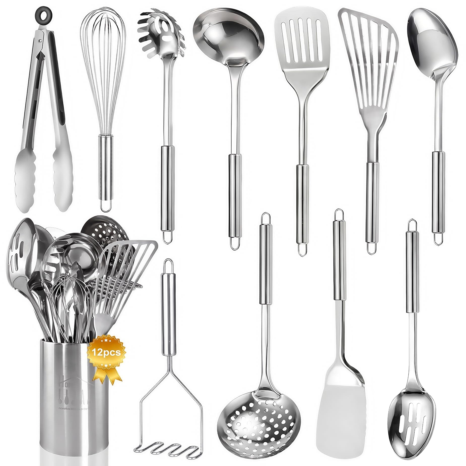 Stainless Steel Kitchen Utensils Set - 12pcs Cooking Utensils Set with Holder, Heat Resistant Kitchen Tool Set for Cooking with Turners, Potato Masher, Spatula, Spoons, Tongs, Whisk