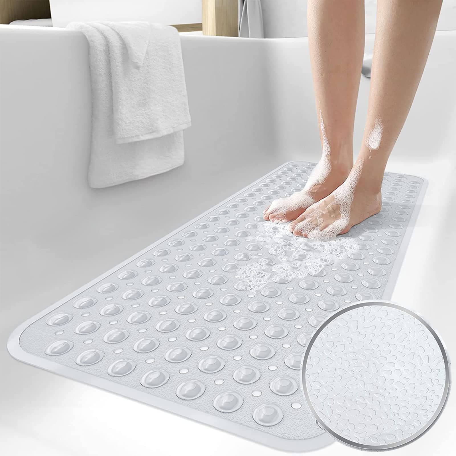 Bathtub Mats for Shower Tub, Extra Long Non-Slip Bath Tub Mat with Suction Cups and Drain Holes, 100x40cm Shower Mat for Bathroom Washable, Clear