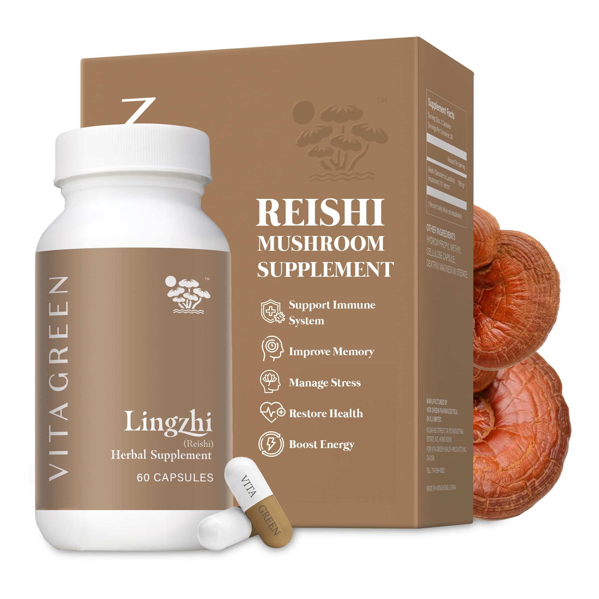 Vita GreenLingzhi Mushroom Supplement - Immune Support & Natural Energy Capsules - Red Reishi Mushroom Powder - Pure 5 Defenders Blend - 60 Capsules