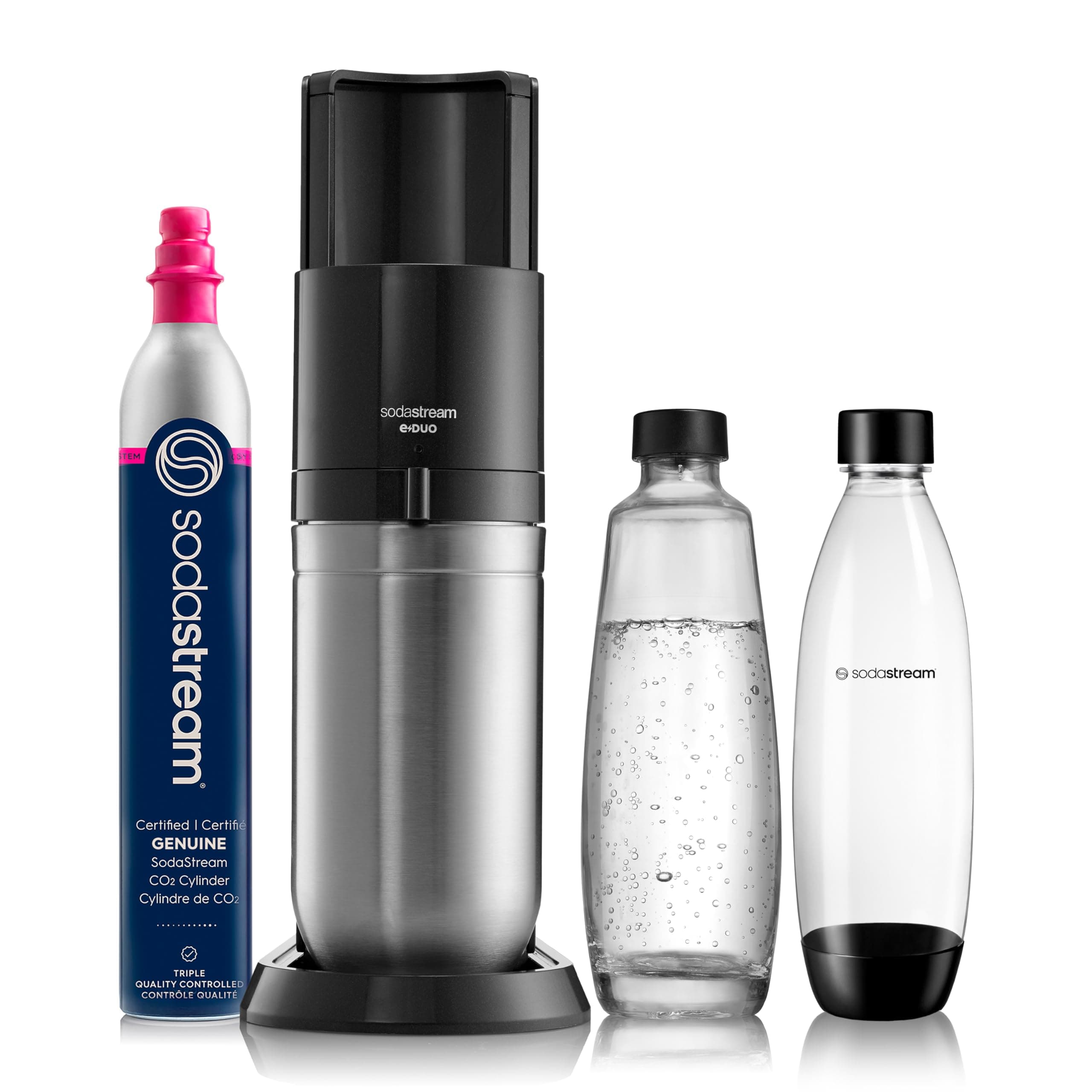 SodaStream E-Duo Sparkling Water Maker (Black) with 60L CO2, 1 BPA- Free Carbonating Bottle and (1)1L Glass Bottle