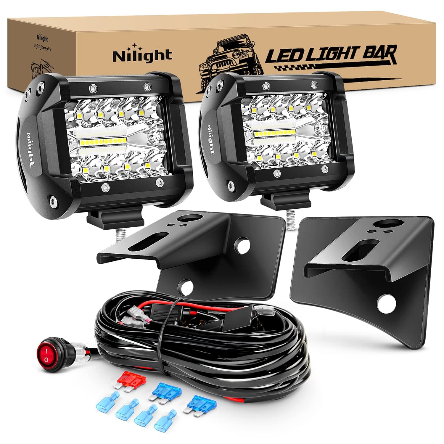 2PC 4Inch Led Pods Light Bar 60W 6000LM Driving Boat Led Off Road Trucks Lights with JK A-Pillar Windshield Hinge Mounting Brackets Wiring Harness-2 Leads, 2 Years Warranty