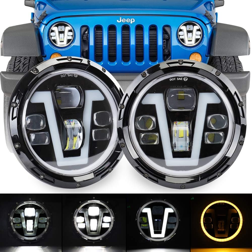 XINYOU Jeep Headlights V Type 7 Inch Round LED Halo Headlights with Hi Lo Beam White DRL Amber Turn Signal Lights for Jeep Wrangler JK TJ LJ CJ Hummer H1 H2
