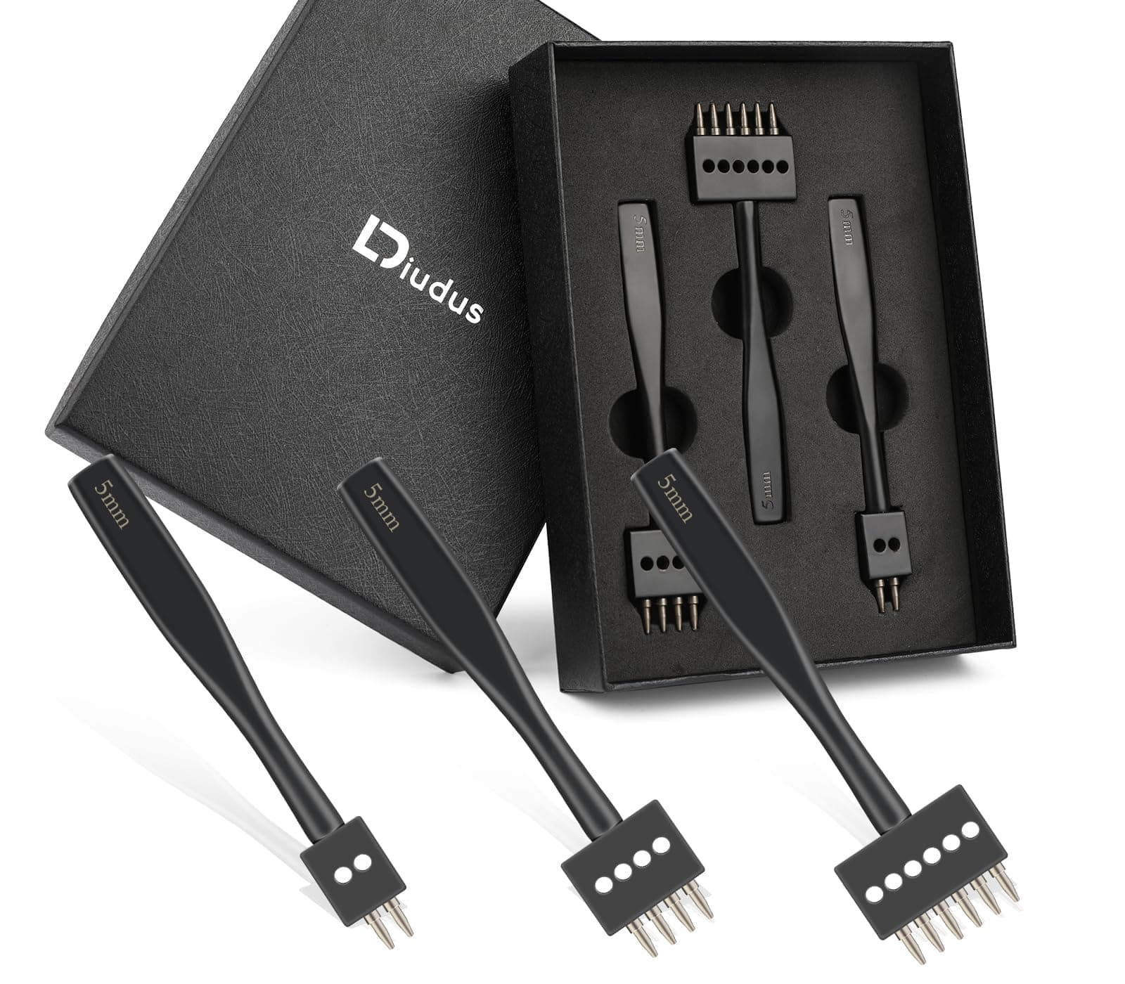 Leather Hole Punch, Prong Punch, Black Hole Punch Tool 5mm, 2/4/6 Lacing Stitching Punch, Round Hole Prong Stitching Chisel Set Leather Working Tools for Leathercraft