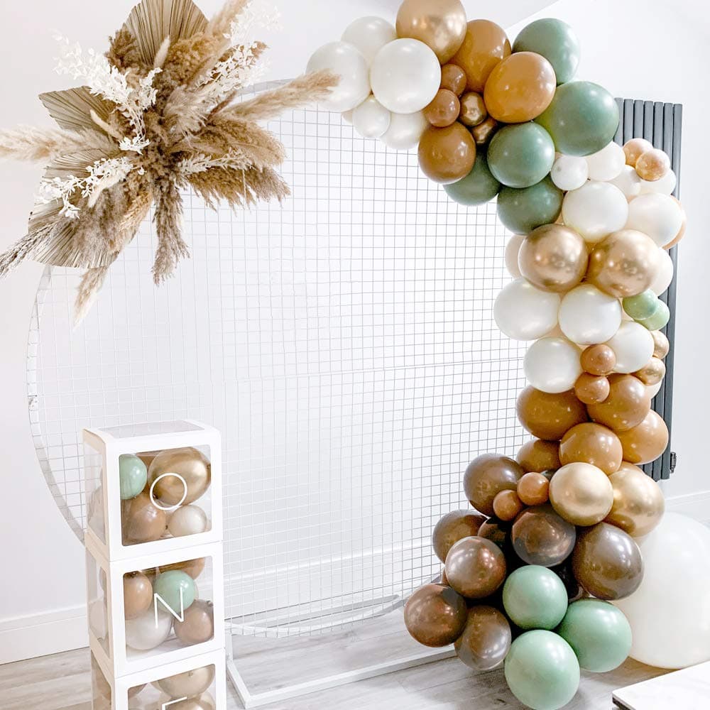 Sweet Baby Co. Neutral Sage Green Balloon Garland Kit Woodland Arch with Light Sage, Cocoa, Brown, Gold, White Balloons for Baby Shower Decorations, Hunter Jungle Theme Party Supplies, Safari Decor
