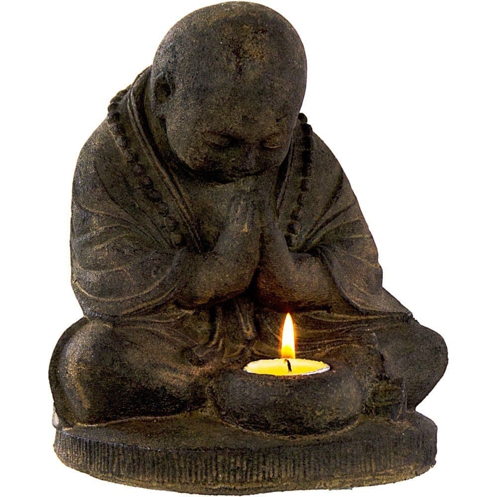 Volcanic Stone Statue T-Light Holder Praying Monk