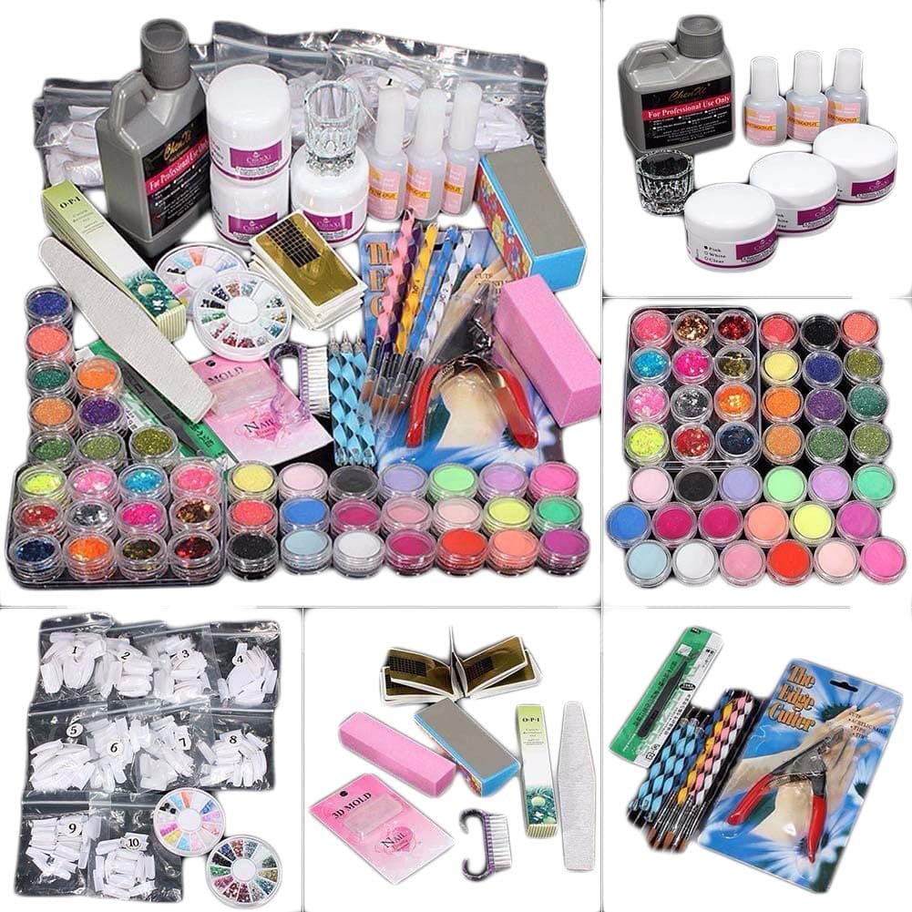 Hennta Nail Care Sets, 42 in 1 Combo Full Acrylic Nail Glitter Powder Nail Art Builder Decoration Tips Nail Cosmetology Tools Manicure Kit, Tip File Brush Dotting Pen Kit Tweezer Clipper Block