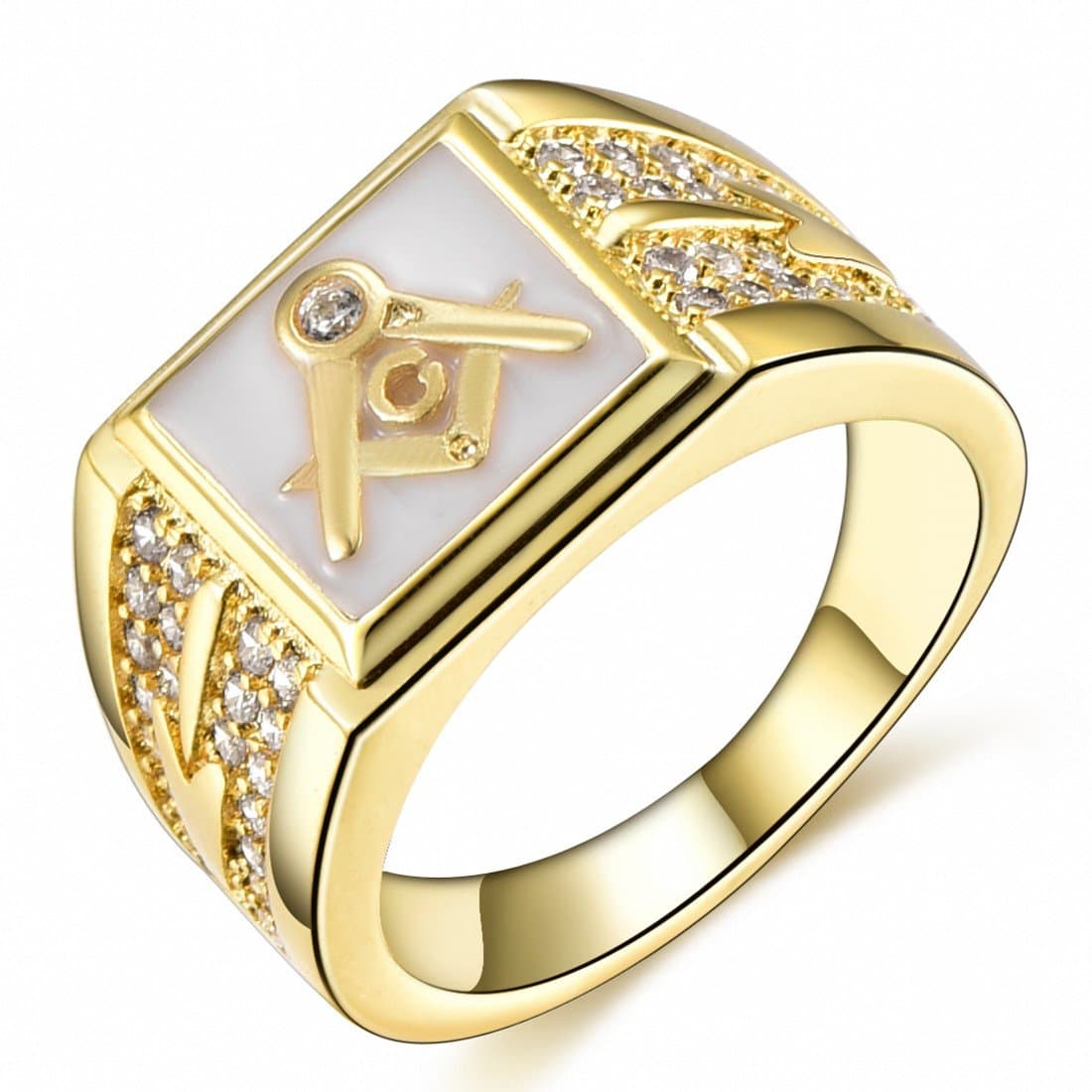 18K Gold Plate Men's Masonic White Lodge Mason Crystal Freemason Rings Sz 8-15
