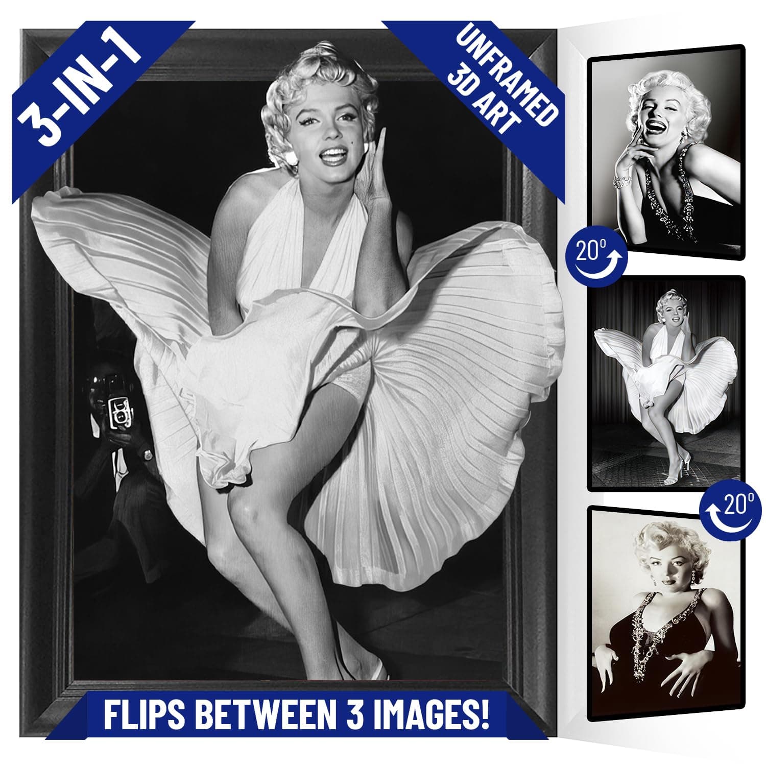 Marylyn White Dress 7 Year Itch 3D Poster Wall Art Decor Print | 11.8 x 15.7 | Lenticular Posters & Pictures | Photo Memorabilia Gifts for Guys & Girls Bedroom | Vintage & Iconic Movie Picture