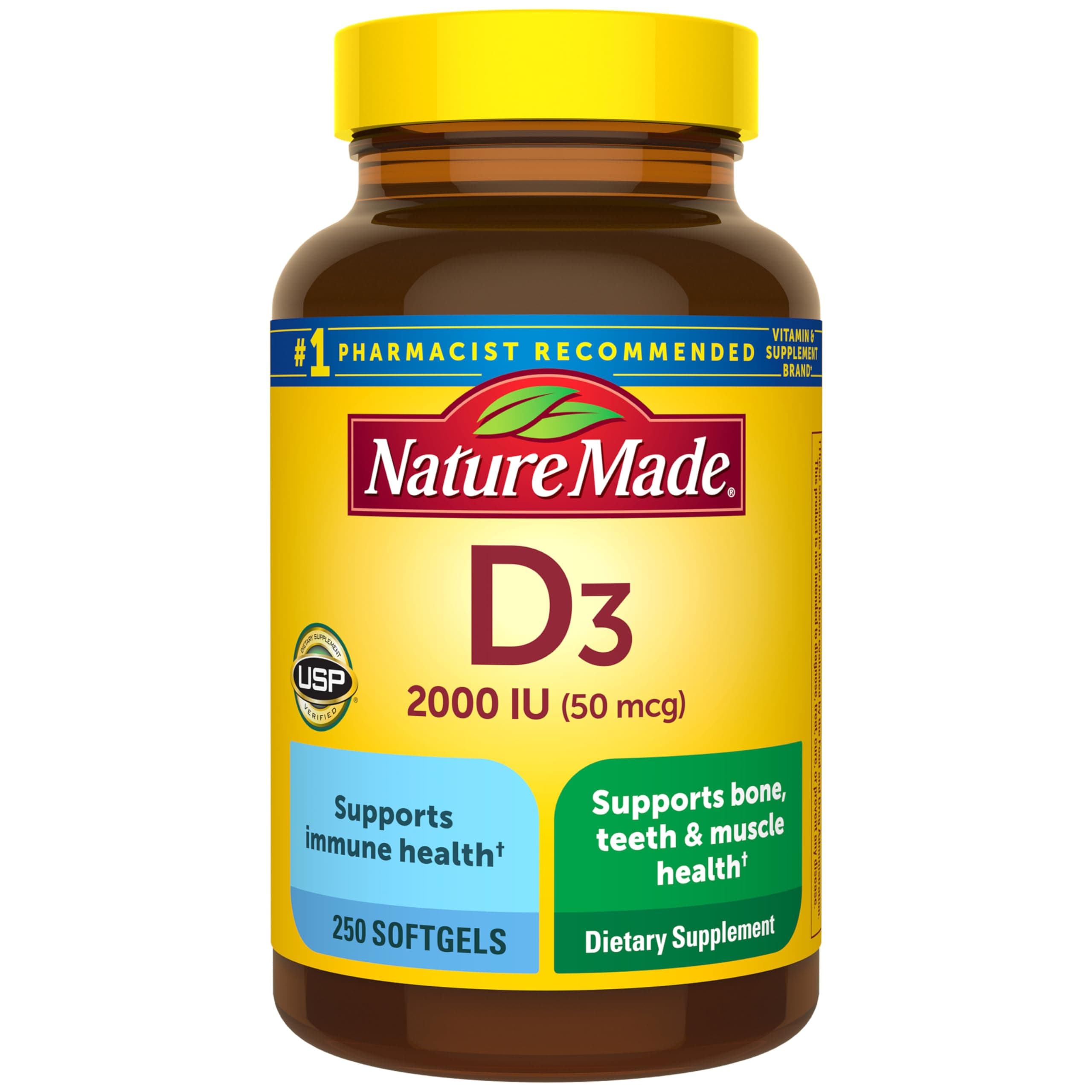 Nature Made Vitamin D3 2000 IU (50 mcg), Dietary Supplement for Bone, Teeth, Muscle and Immune Health Support, 250 Softgels, 250 Day Supply