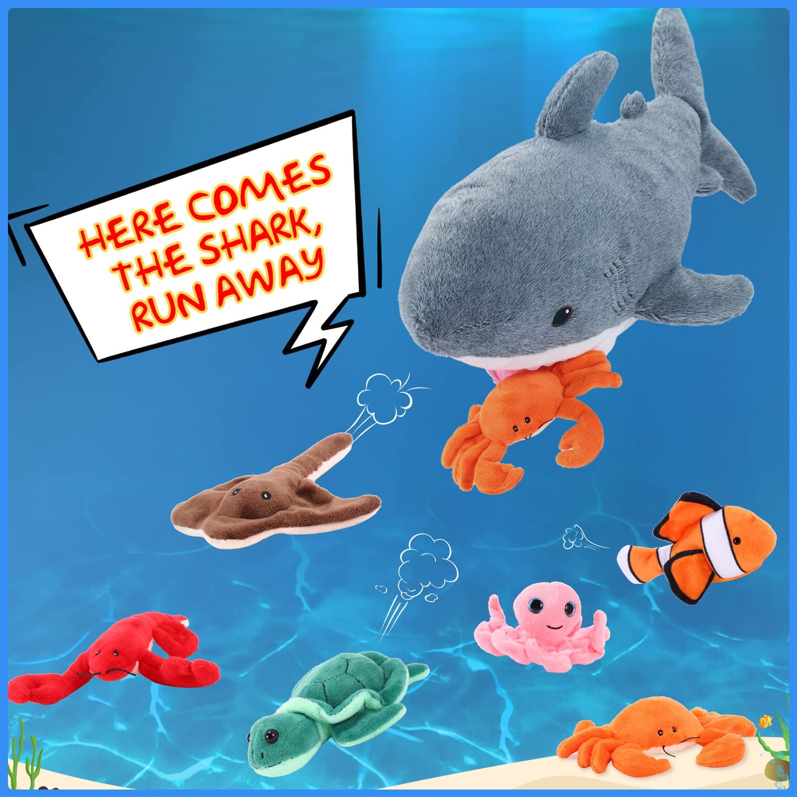 Zomiboo 18 Inch Great Shark Plush with 7 Pcs of Soft Stuffed Sea Animals Include Manta Ray, Seahorse, Crab, Clown Fish, Turtle, Octopus and Lobster, Gift for Friend