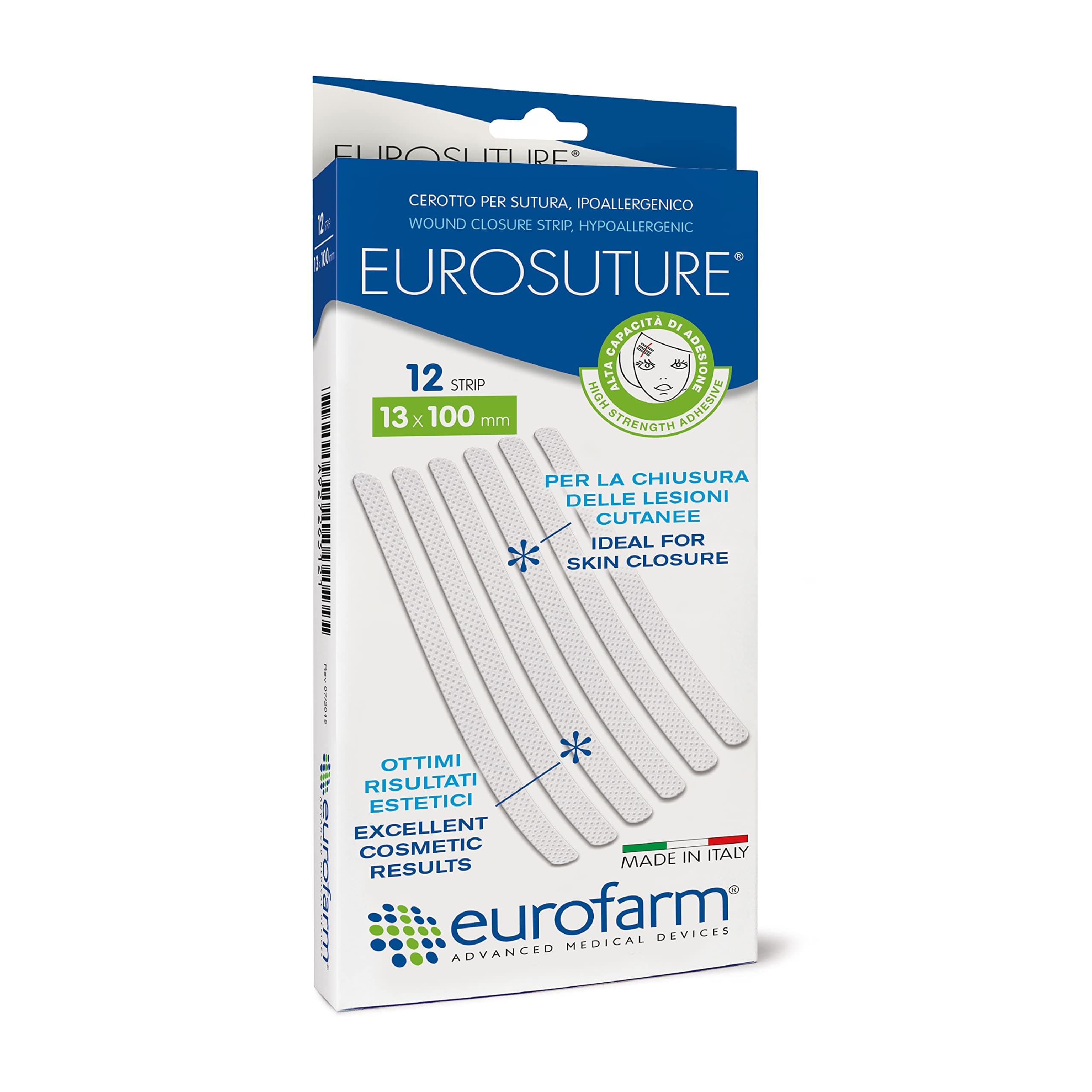 Eurosuture - Skin Closure, Hypoallergenic, Reinforced, Round Ends, 1/2 x 4 inch, 12 Strips per Box