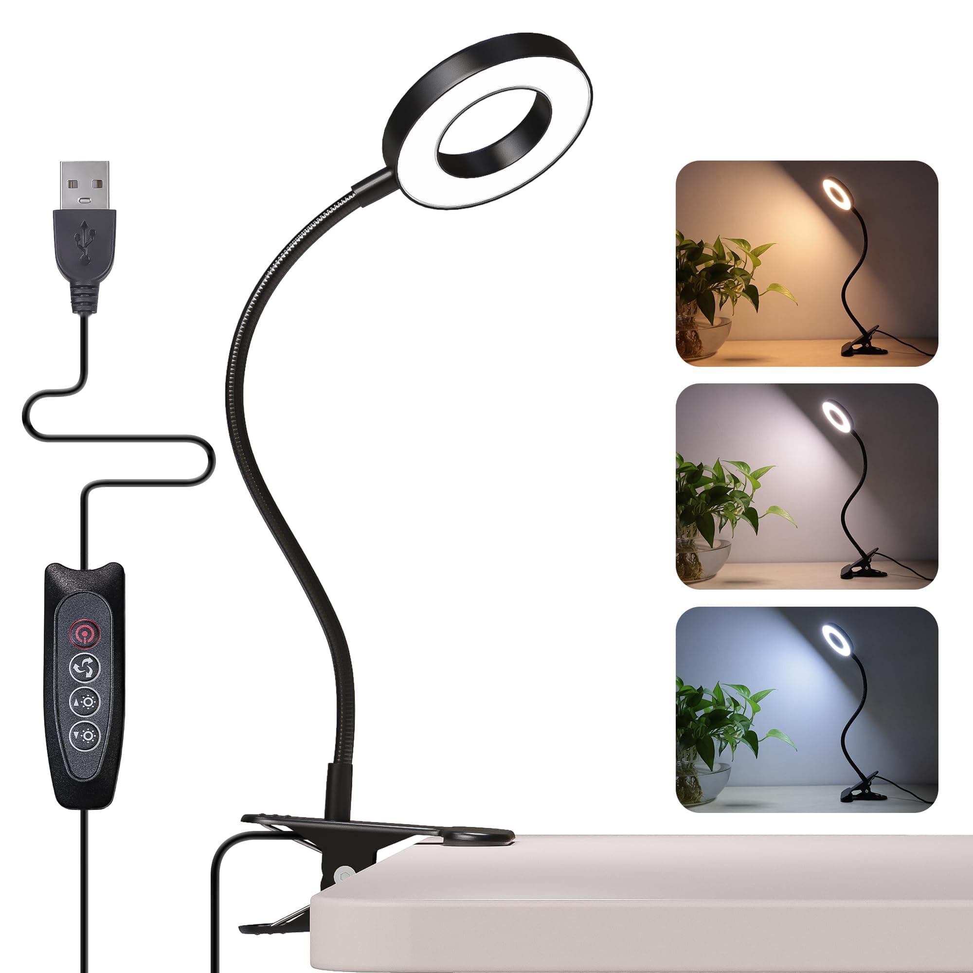 Foneso Desk Lamp Clip on Light, 48 LED USB Lamp with 3 Color Modes 10 Brightness Levels, 360° Flexible Gooseneck Eye Protection Bed Night Light for Reading, Makeup, Craft (Black)