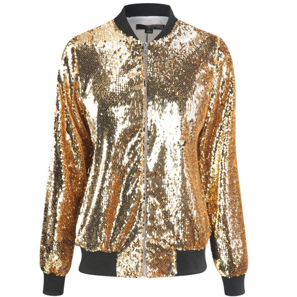 Cresay Women's Sequin Fitted Long Sleeve Zipper Blazer Bomber Jacket