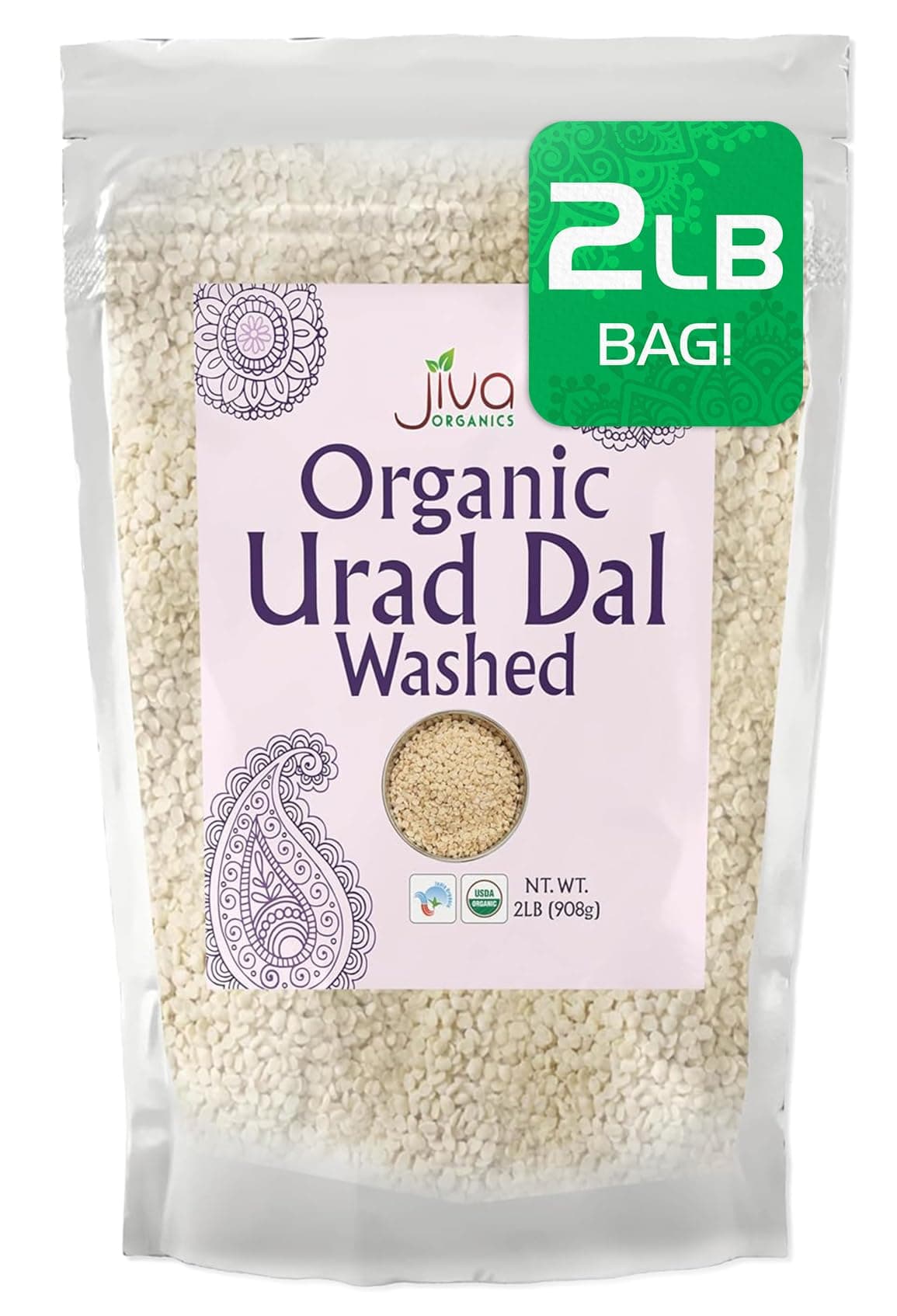 Jiva USDA Organics Urad Dal (Split Matpe Beans) 2 Pound - NEW Packaging!