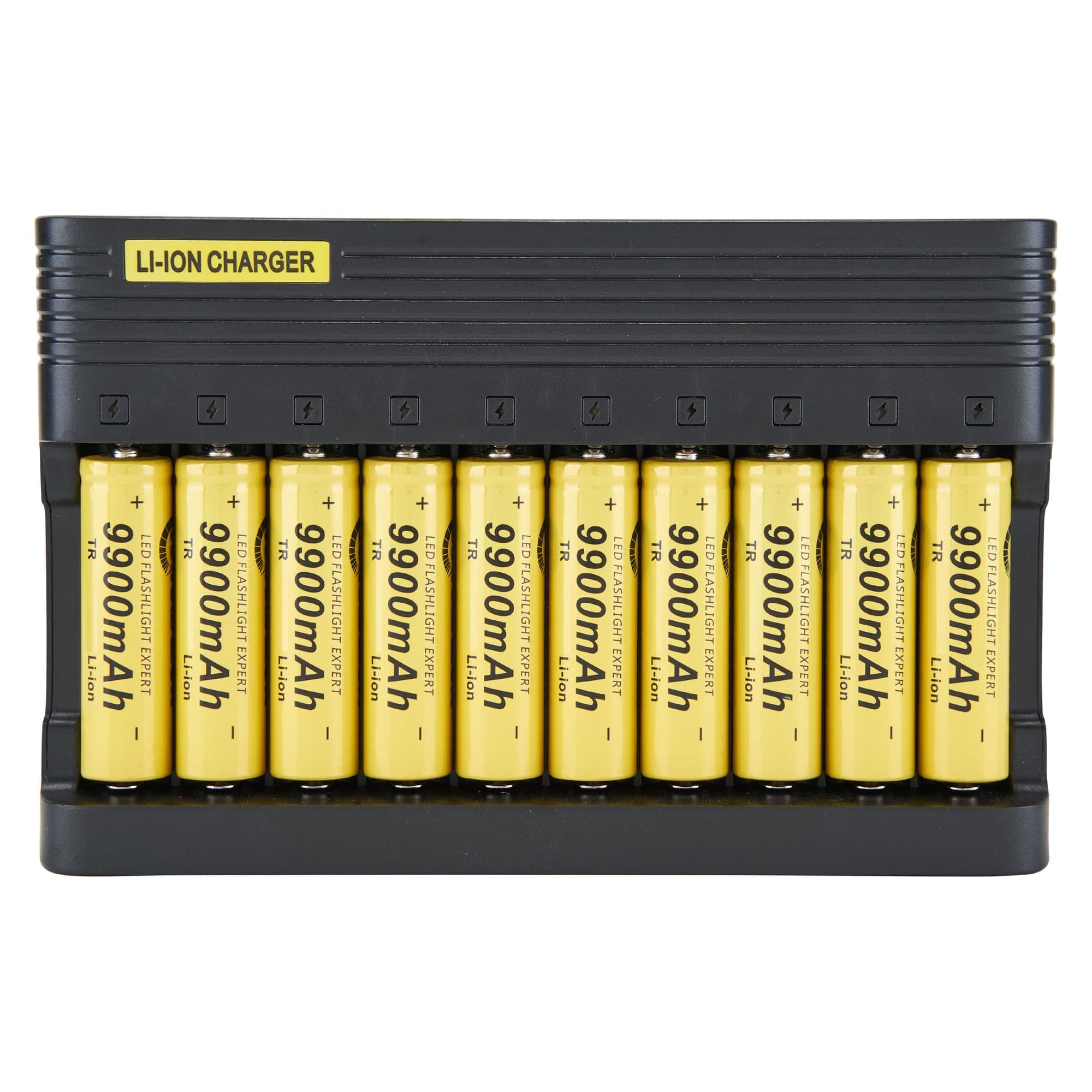 18650 Battery Charger 10 Bay, Universal Smart Battery Charger for 18650 26650 14500 16340 18500 10440 18350 17670 Rechargeable Batteries Charger Suite(10-Pack 9900mAh Battery)