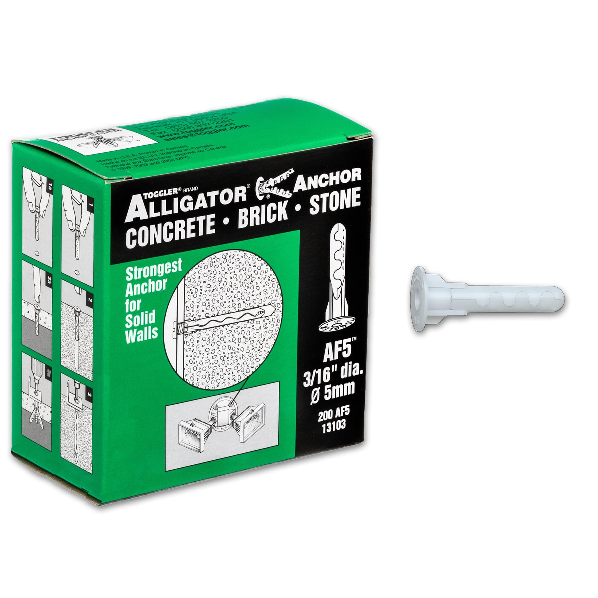 TOGGLER Alligator AF5 Flanged Anchor, Polypropylene, Made in US, for #4 to #9 Fastener Sizes (Pack of 200)