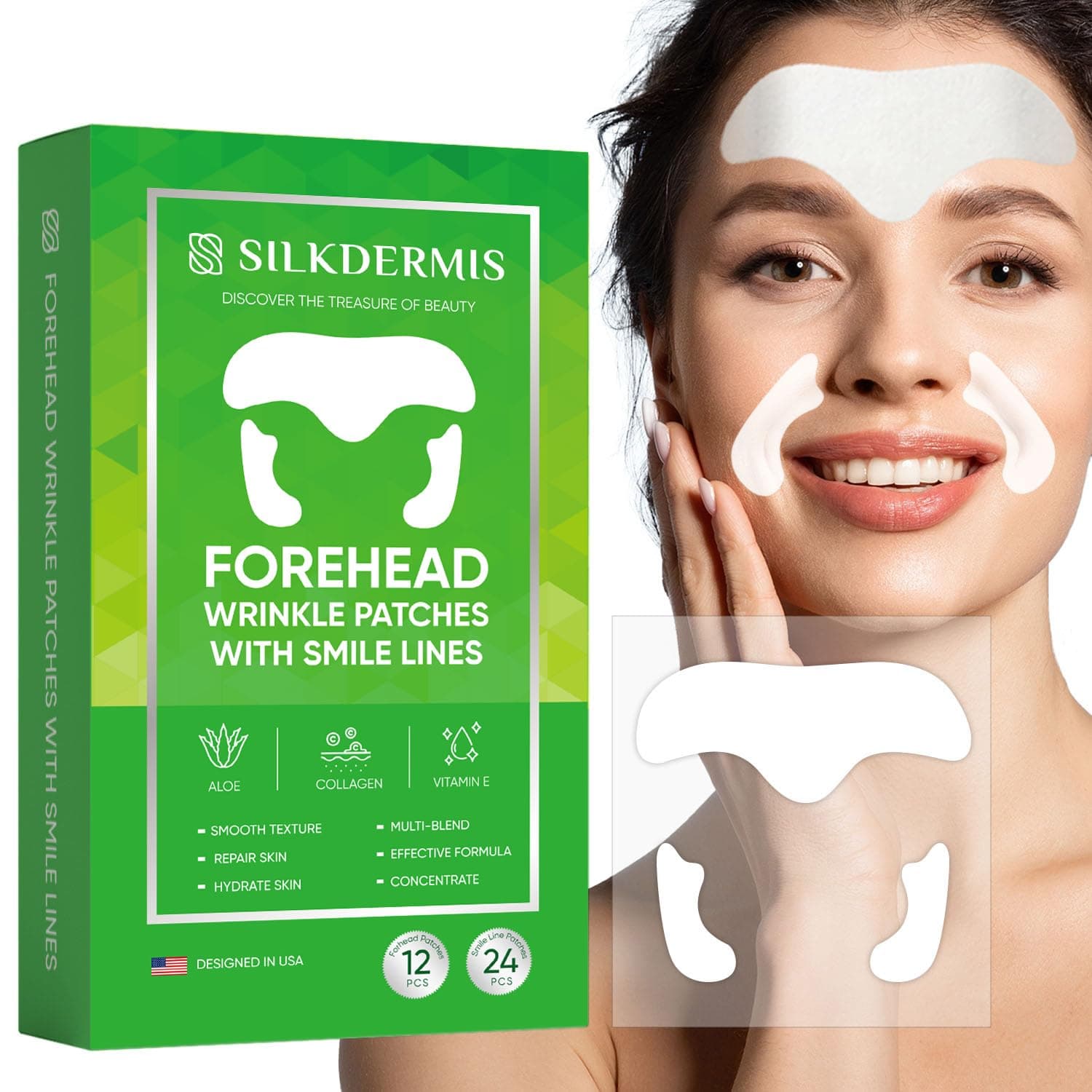 Forehead Wrinkle Patches and Smile Line: Anti-Wrinkle Patches with 12 Pcs of Forehead and 12 Pairs of Smile Line Patches (Green)