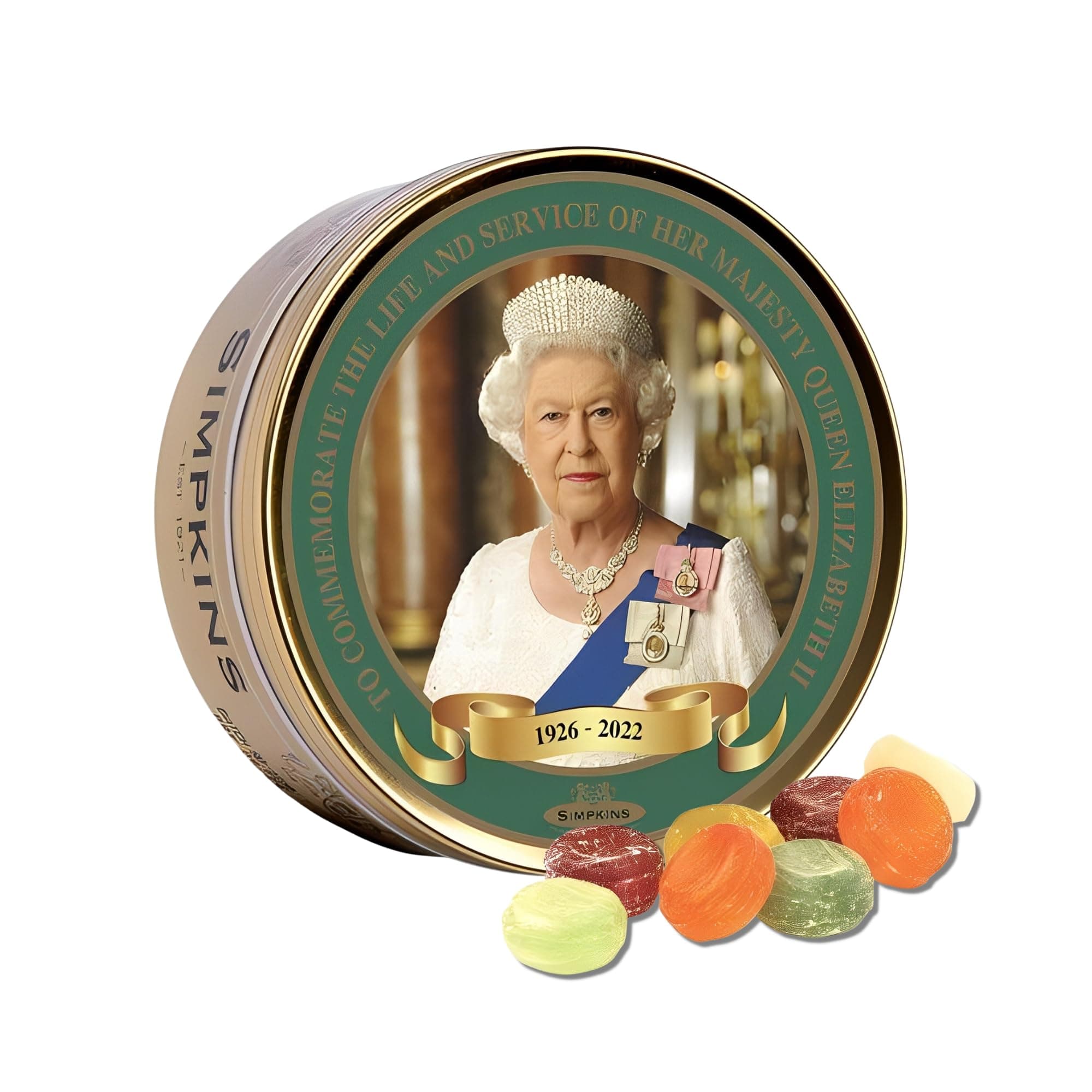 Queen Elizabeth II Commemorative Tin - Simpkins Mixed Fruit Drops Old Fashioned Candy Pack - Hard Candy Travel Sweets in Candy Drops Tin - All Natural Fruit Hard Candy Drops - British Candy (6.1 oz)
