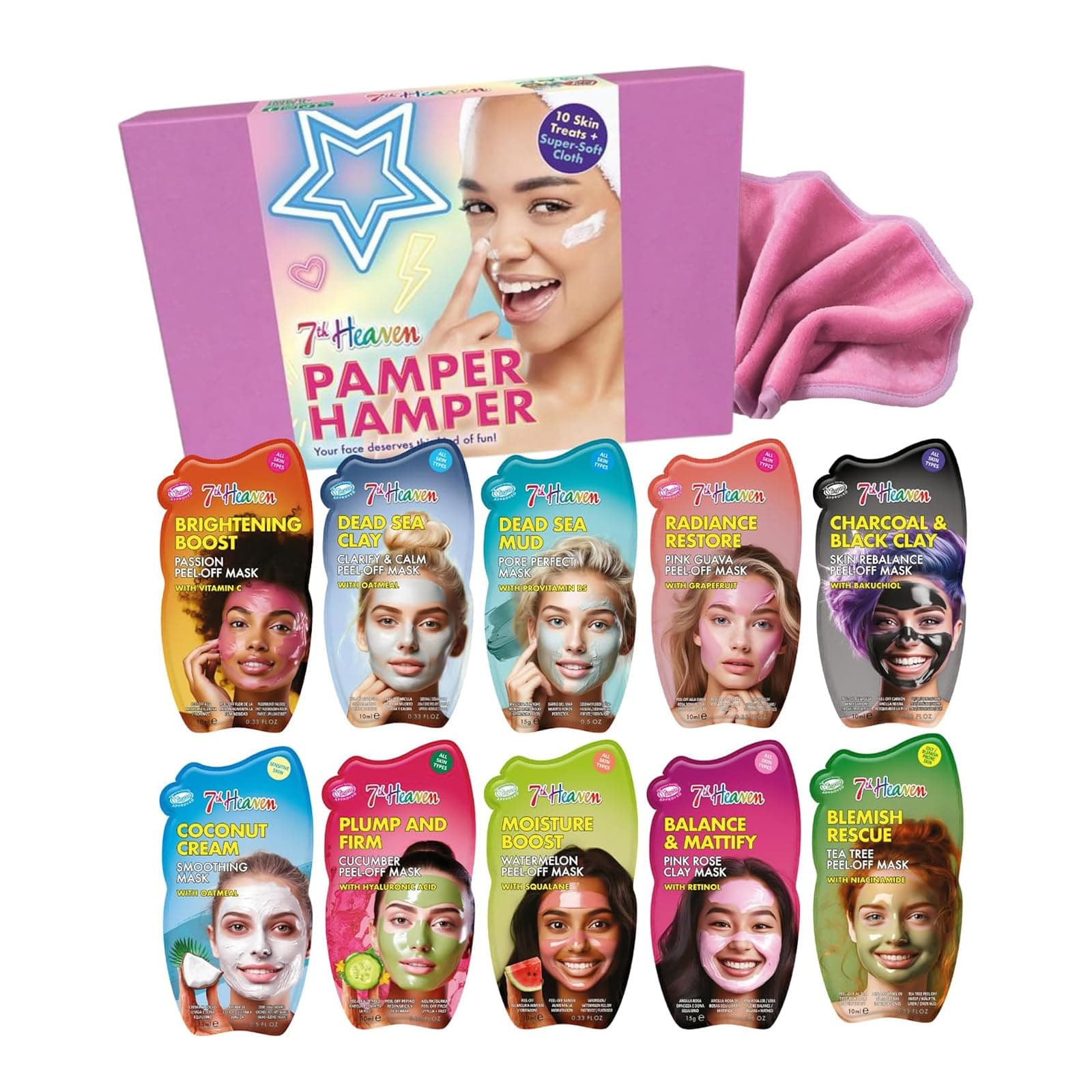 7th Heaven Luxury Pamper Hamper - 10 Face Masks & Spatula - Beauty Gift Set for Women - Skincare Set with Peel-Off, Clay & Hydrating Masks - Spa Experience at Home Skin Care
