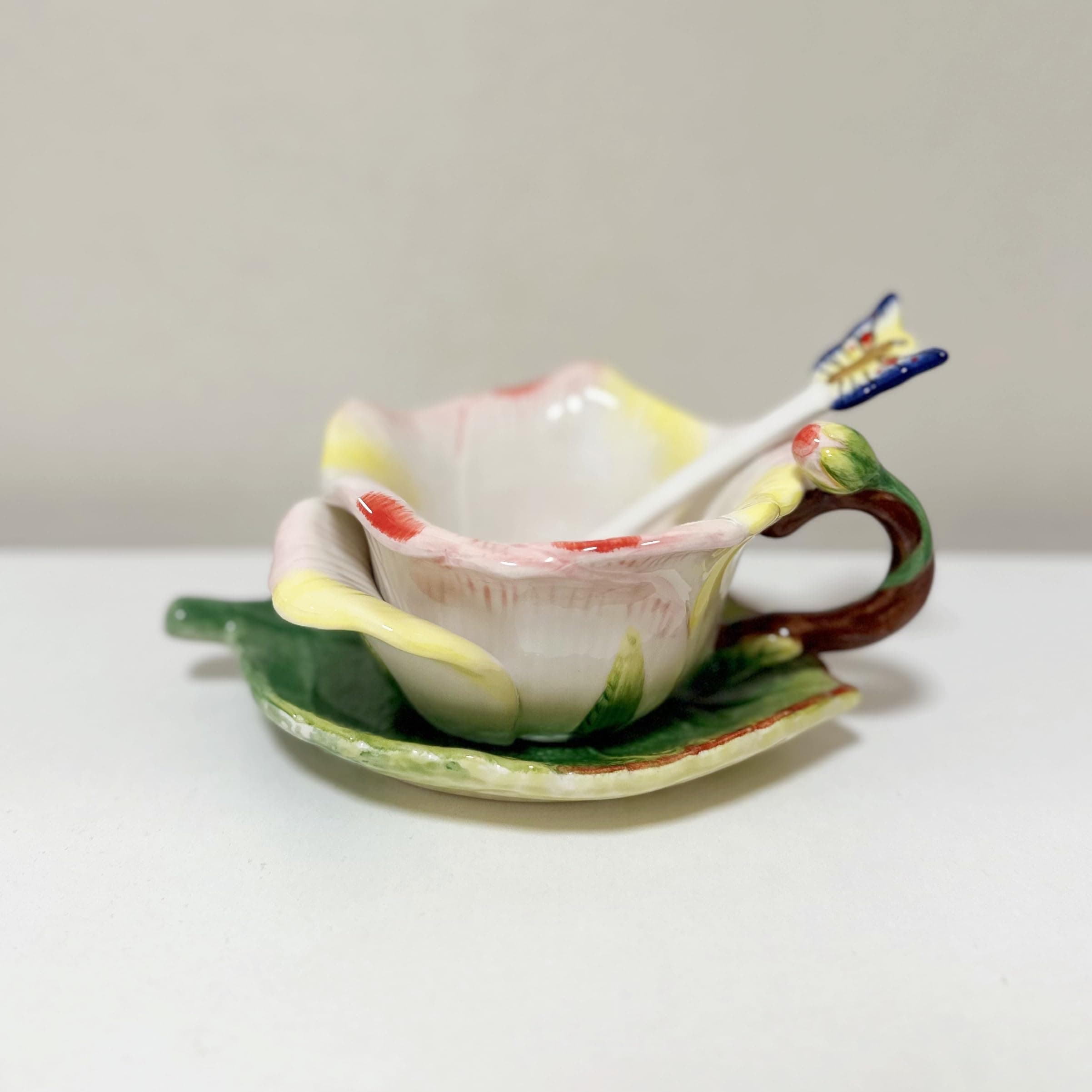 Ceramic Tea Cup and Saucer Set ,6OZ 3D Hand-Painted Flower and Lotus Leaf Coffee Mug,Gift for Women- Champagne Rose