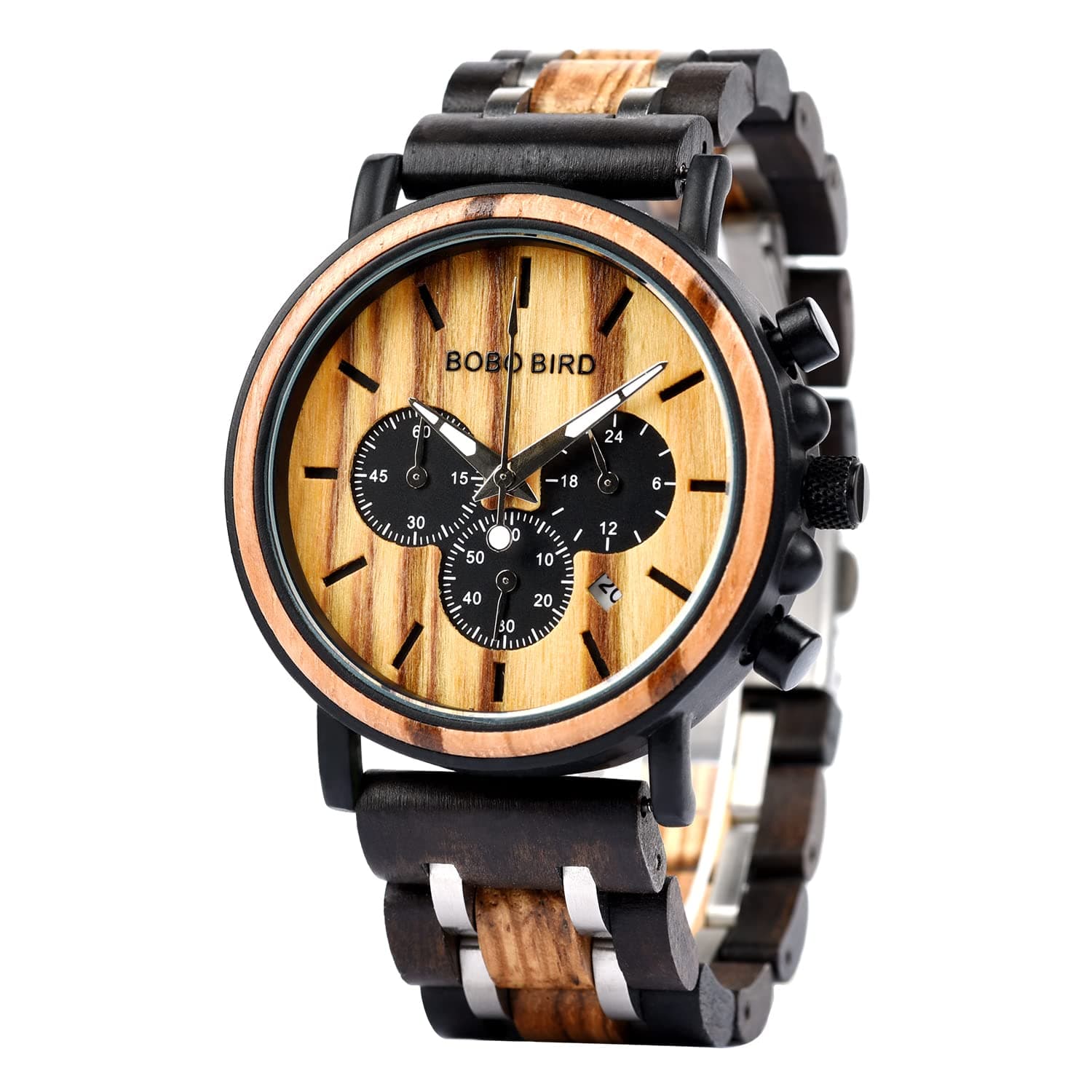 Mens Wooden Watches Business Casual Wristwatches Stylish Ebony Wood & Stainless Steel Combined Chronograph