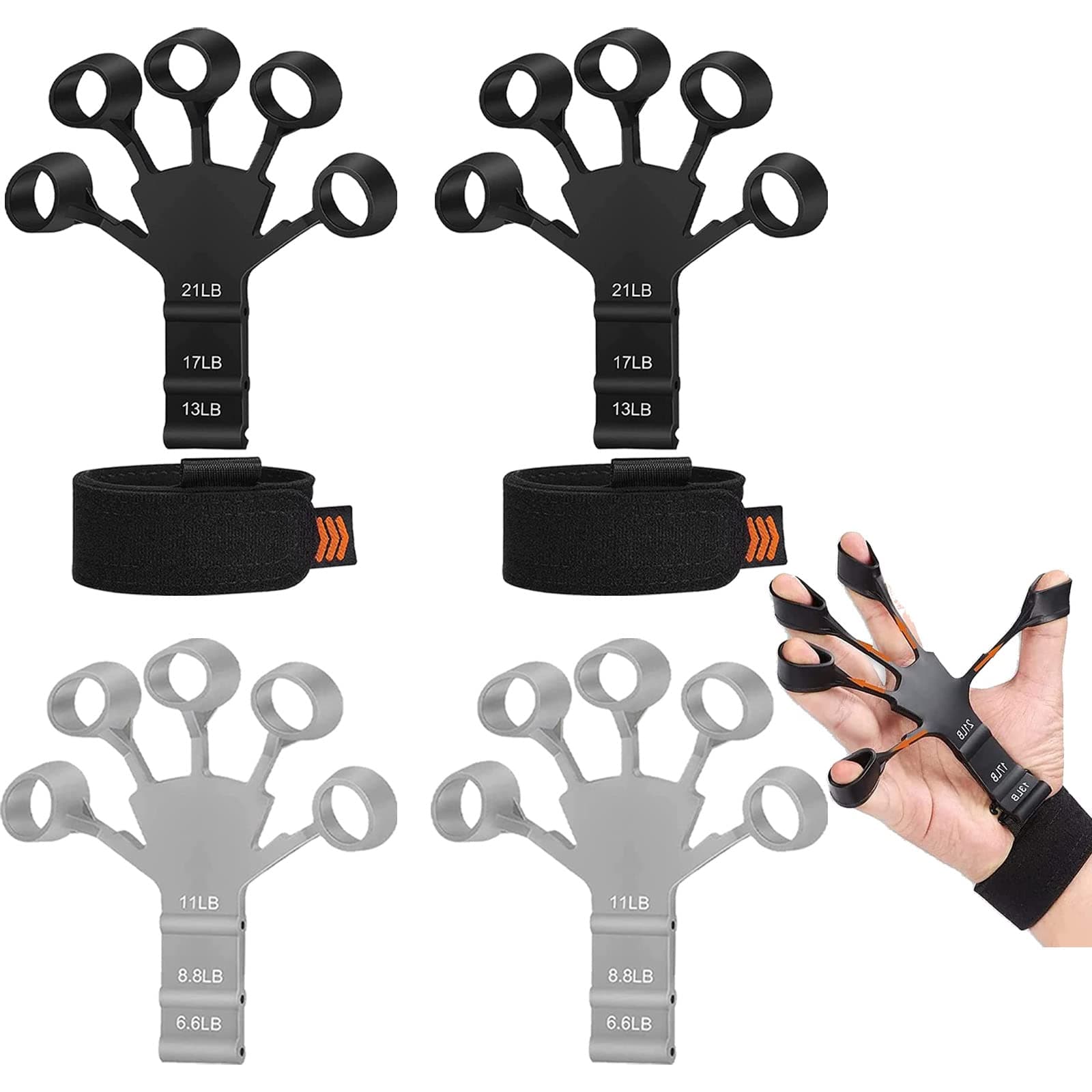 4Pcs Finger Strengthener Grip Strength Tester Forearm Strengthener, 6 Resistant Level Finger Exerciser Hand Strengthener for Strength Training, Finger Flexion Extension Training, Black Blue