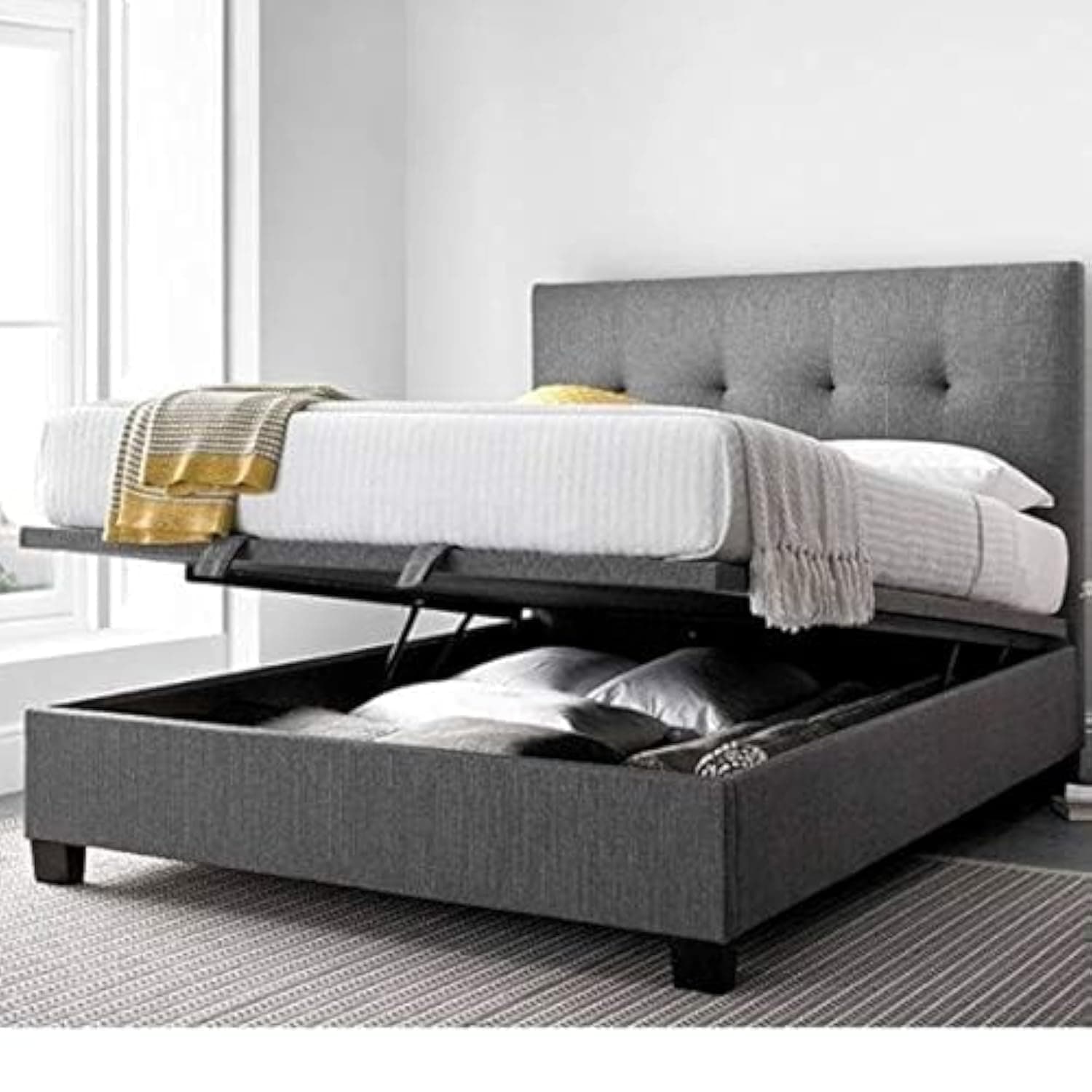 YORKIE GREY FABRIC OTTOMAN UPHOLSTERED BED WITH GAS LIFTUP STORAGE - QUEEN SIZE (160cm x 200cm, No Mattress) by R2R Furniture