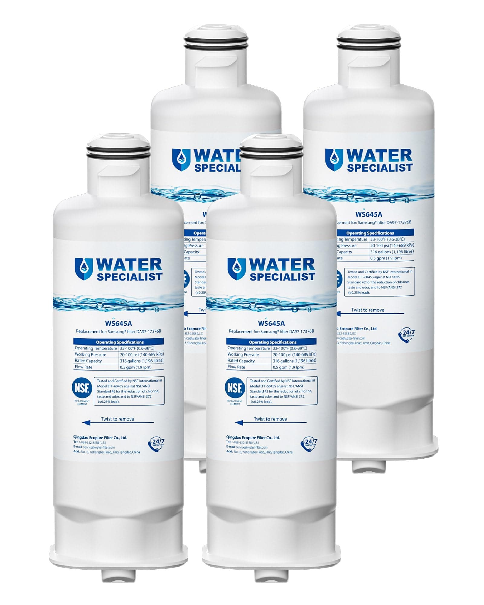 Waterspecialist DA97-17376B Replacement for Samsung HAF-QIN/EXP, HAF-QIN, DA97-08006C, RF28R7351SG, RF23M8070SR, RF23M8070SG, RF23M8090SG, RF28R7201SR, Refrigerator Water Filter (Pack of 4)