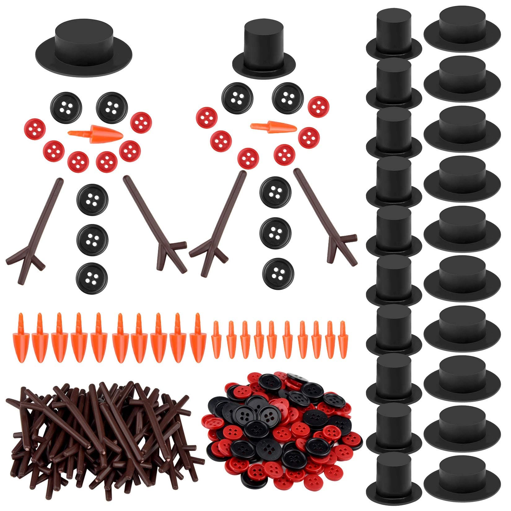 Marrywindix 200 Pieces Christmas Snowman DIY Craft Buttons Kit - 20 Carrot Noses Buttons, 20 Mini Black Magician Hats, 120 Tiny Buttons and 40 Trigeminal Hand for Christmas Party Supplies
