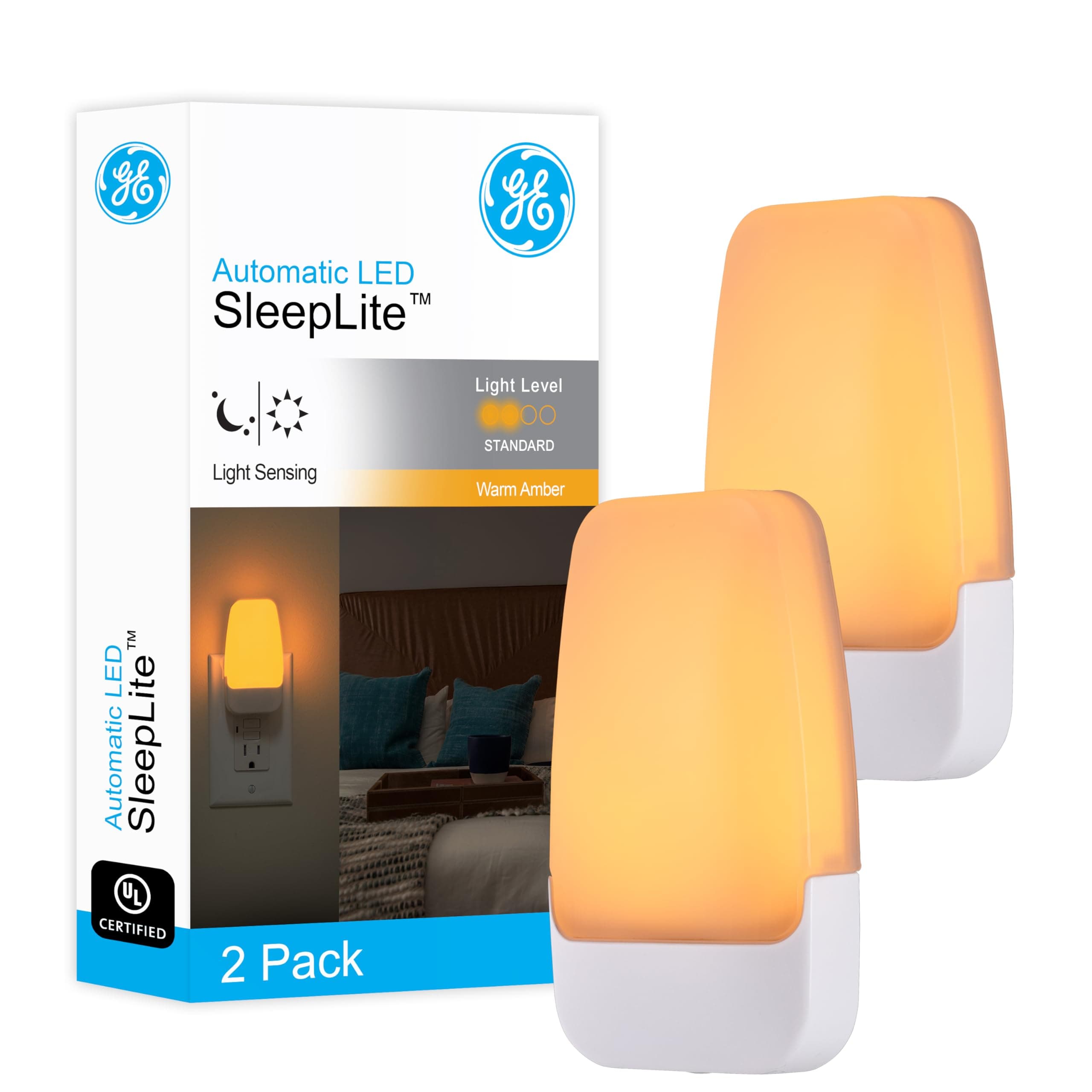 GE Sleeplite Night Lights Plug Into Wall, Dusk to Dawn Sensor, Ambient Lighting, Sleep Aid, Bathroom Décor, LED Lights for Bedroom, Apartment Essentials, Smart Home,76135, Amber, 2 Pack